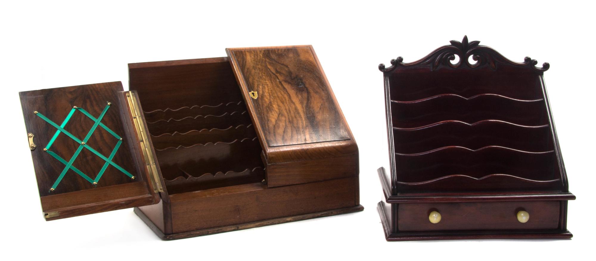 An English Walnut Stationery Box and a Stationery Rack, Height of box 12 1/2 inches.