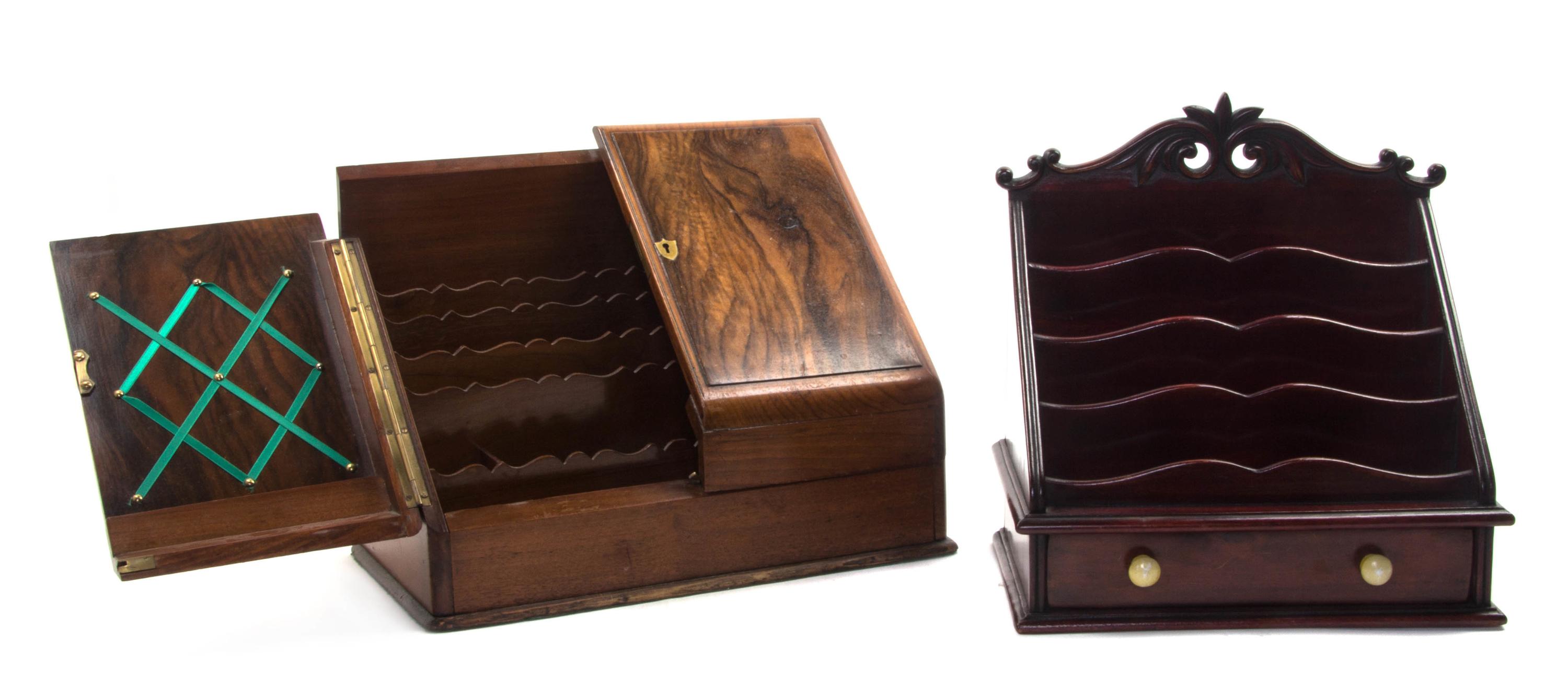 An English Walnut Stationery Box and a Stationery Rack, Height of box 12 1/2 inches.