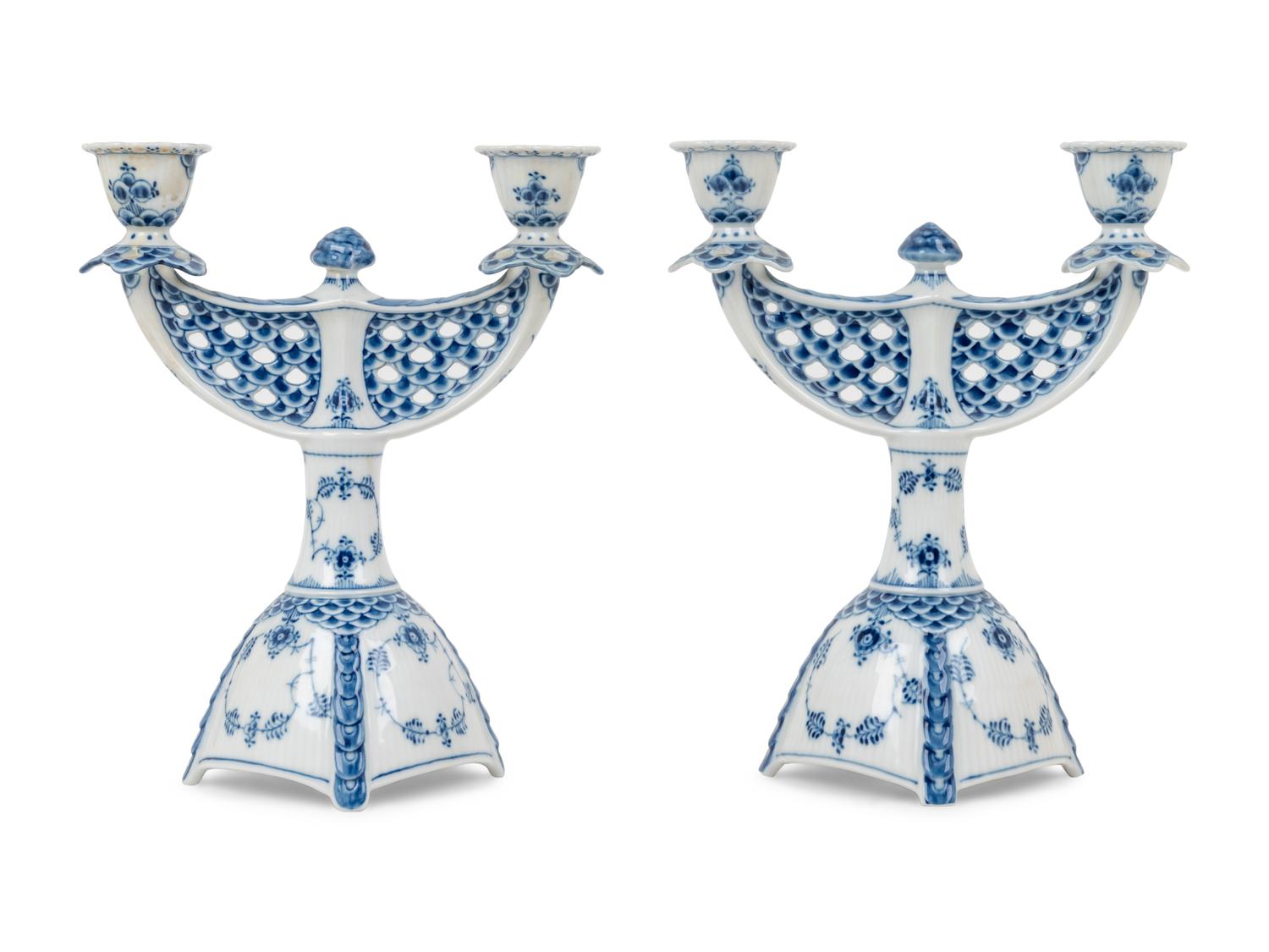 A Pair of Royal Copenhagen Full Lace Porcelain Candelabra