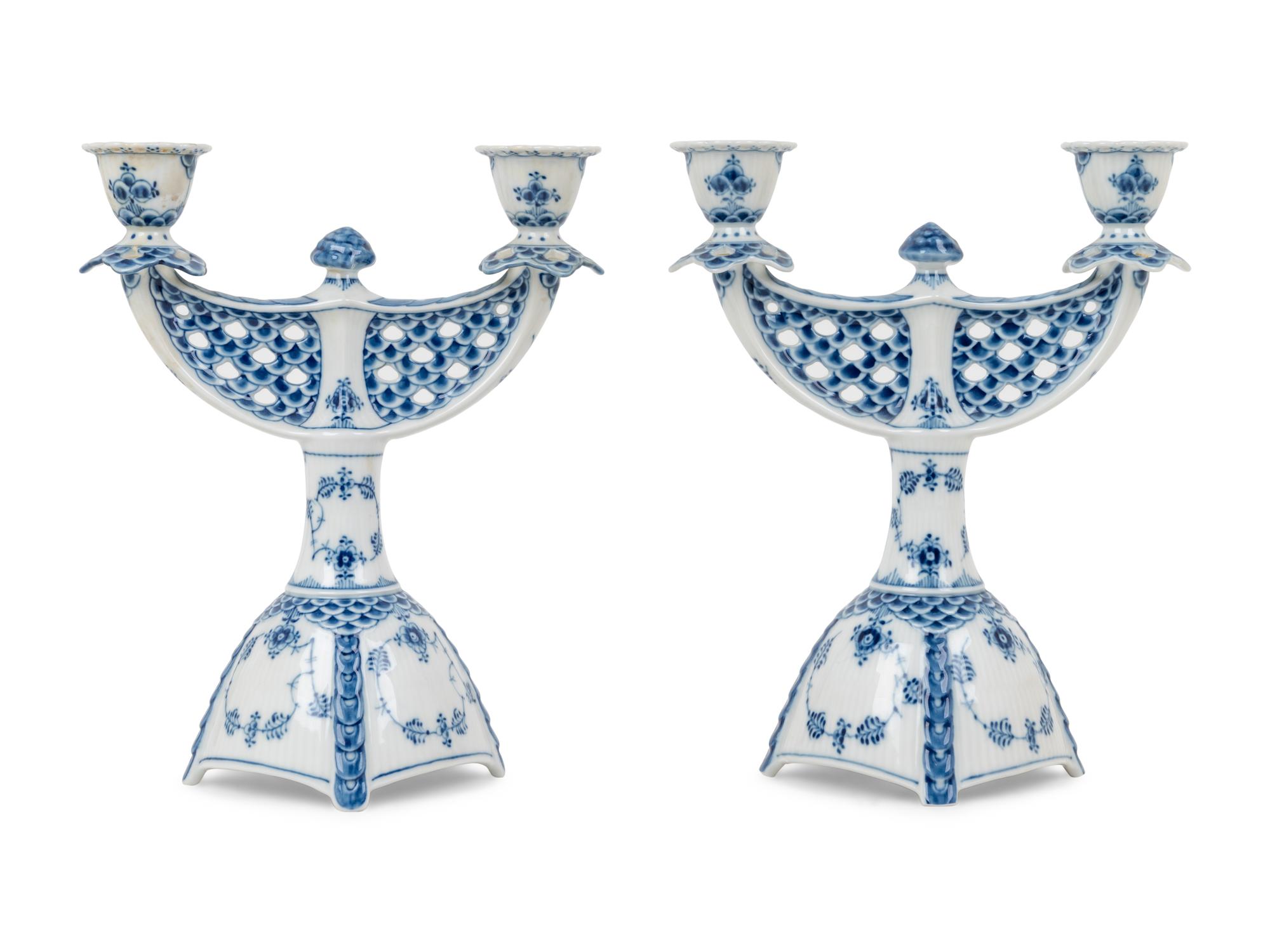 A Pair of Royal Copenhagen Full Lace Porcelain Candelabra