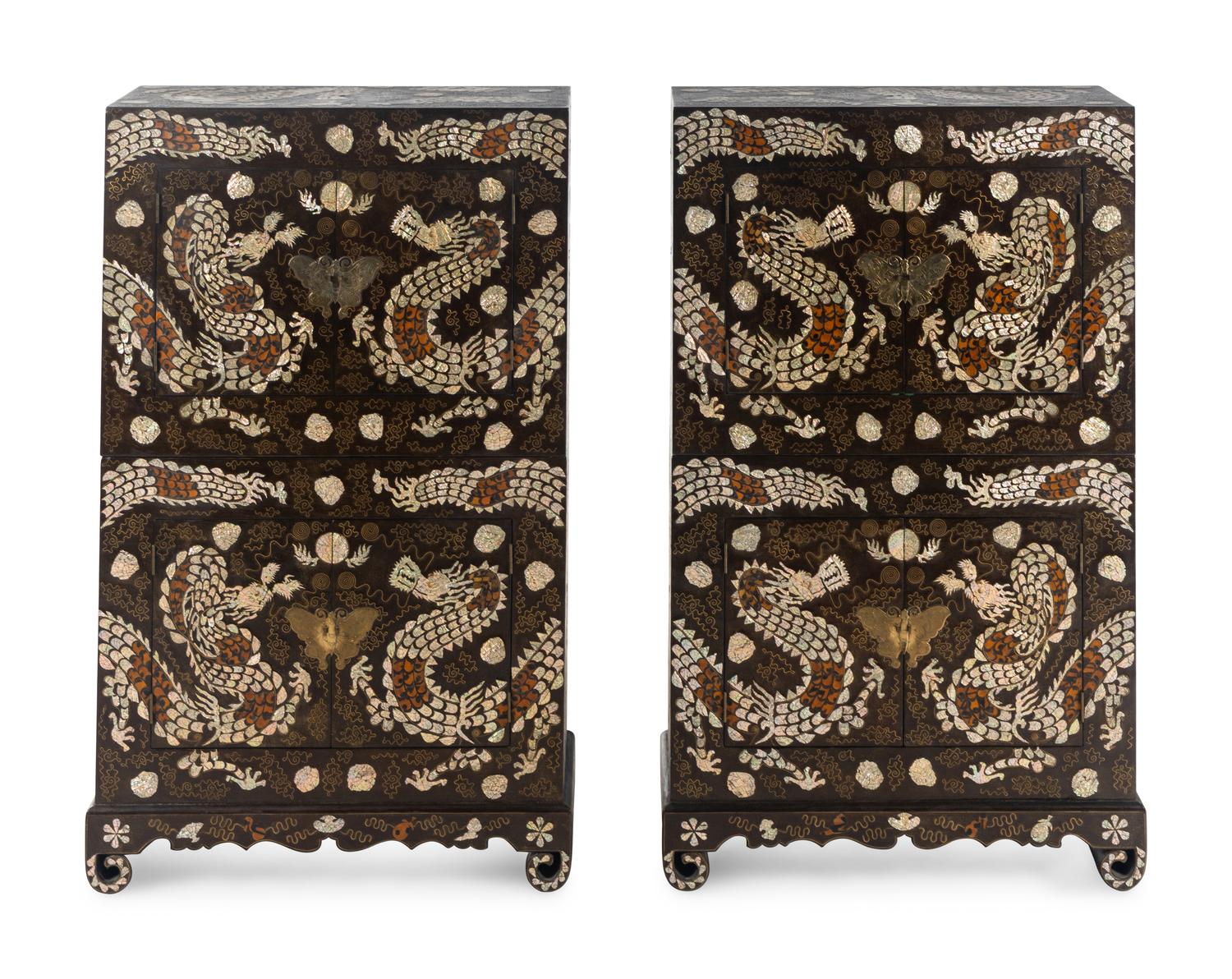 A Fine Pair of Korean Two-Tiered Mother-of-Pearl, Shagreen, and Wire Inlaid Cabinets