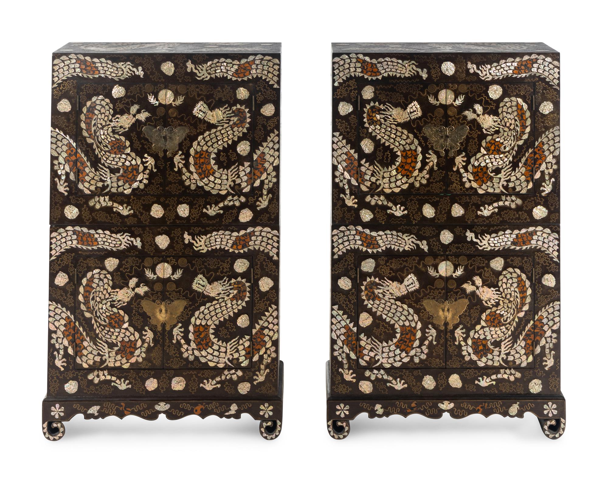 A Fine Pair of Korean Two-Tiered Mother-of-Pearl, Shagreen, and Wire Inlaid Cabinets