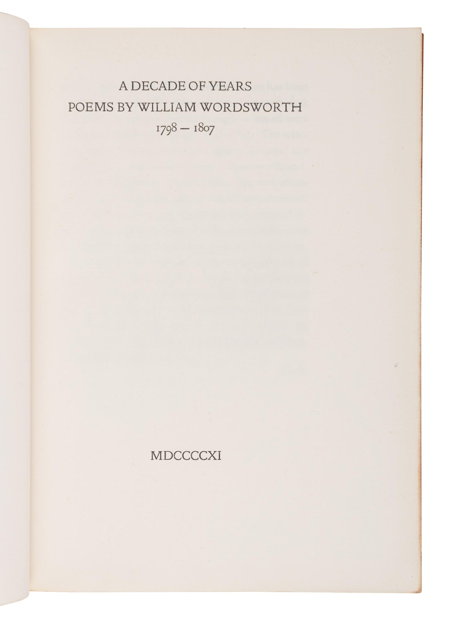 [FINE PRESS -- DOVES PRESS & BINDERY]. WORDSWORTH, William (1770-1850). A Decade of Years . Hammersmith: Doves Press, 1911.