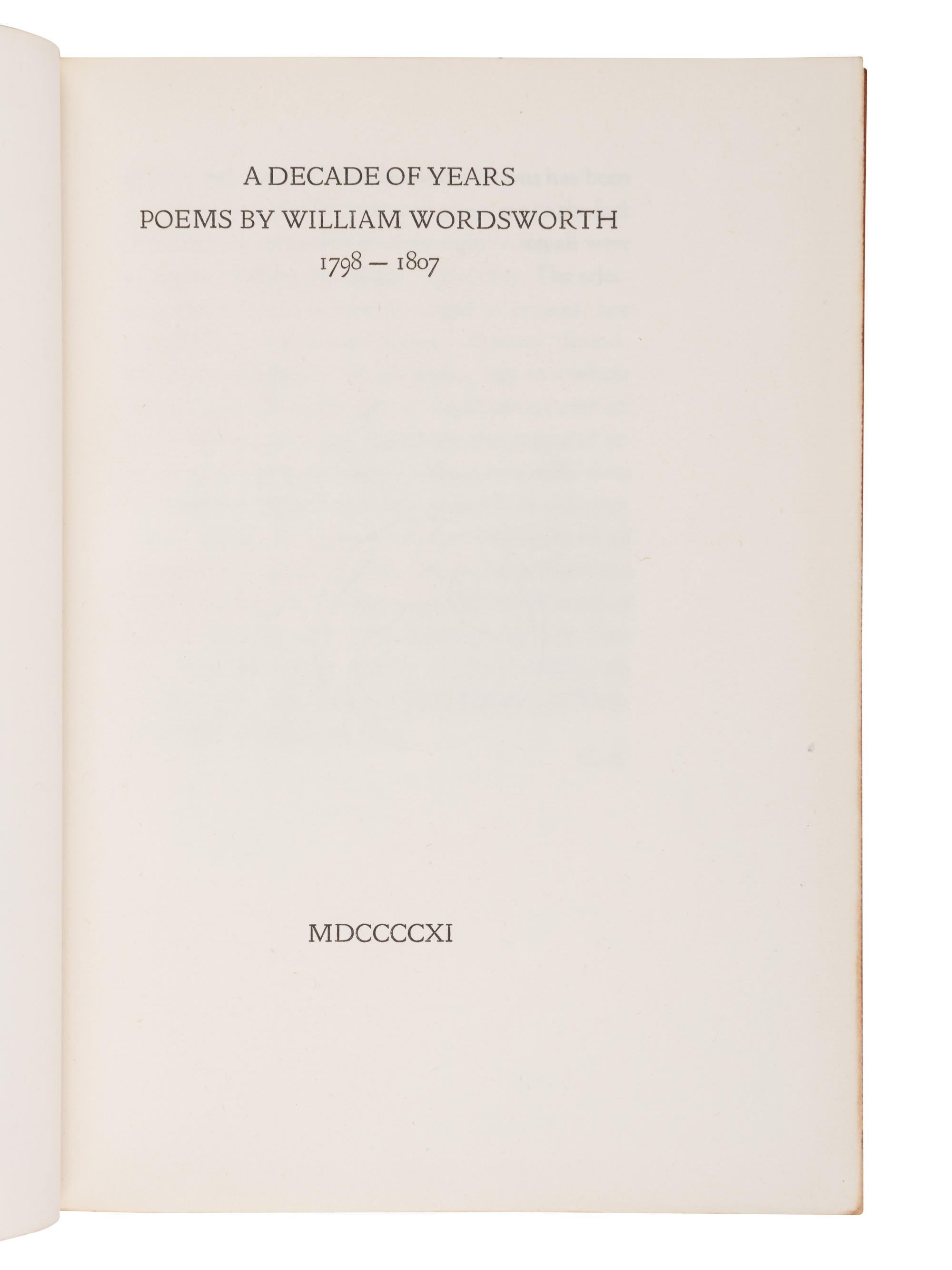 [FINE PRESS -- DOVES PRESS & BINDERY]. WORDSWORTH, William (1770-1850). A Decade of Years . Hammersmith: Doves Press, 1911.