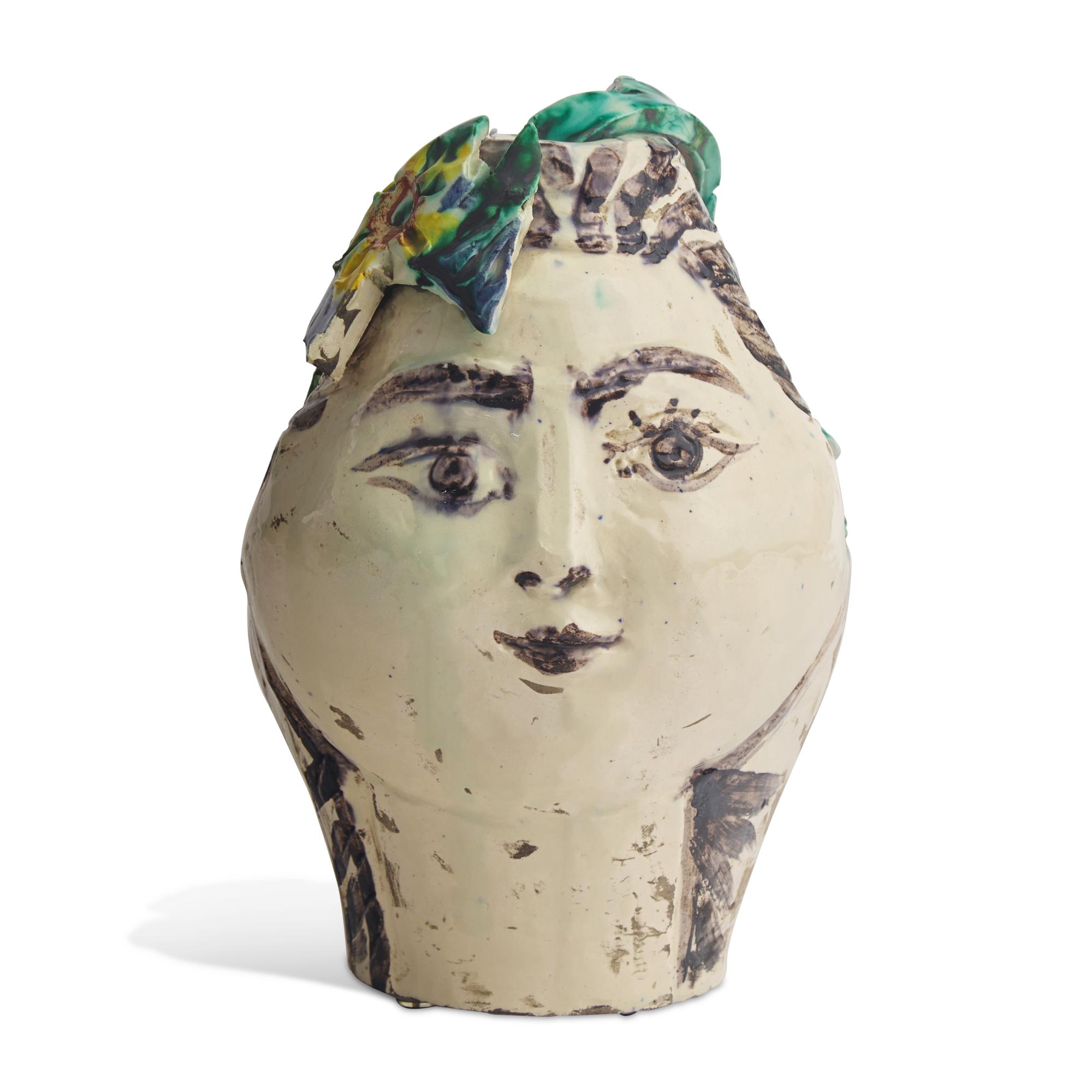 Pablo Picasso (Spanish, 1881-1973) — Tête de Femme Couronnée de Fleurs (Pichet), Unique Ceramic, 1954