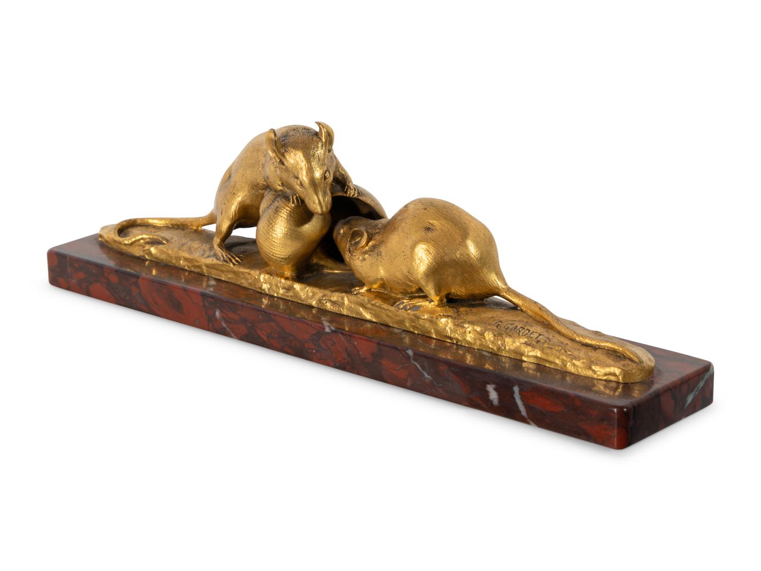 A Gilt-Bronze Group of Two Mice and a Small Shell