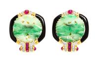 A Pair of 18 Karat Yellow Gold, Jadeite, Onyx, Ruby, and Diamond Earclips, 16.30 dwts.