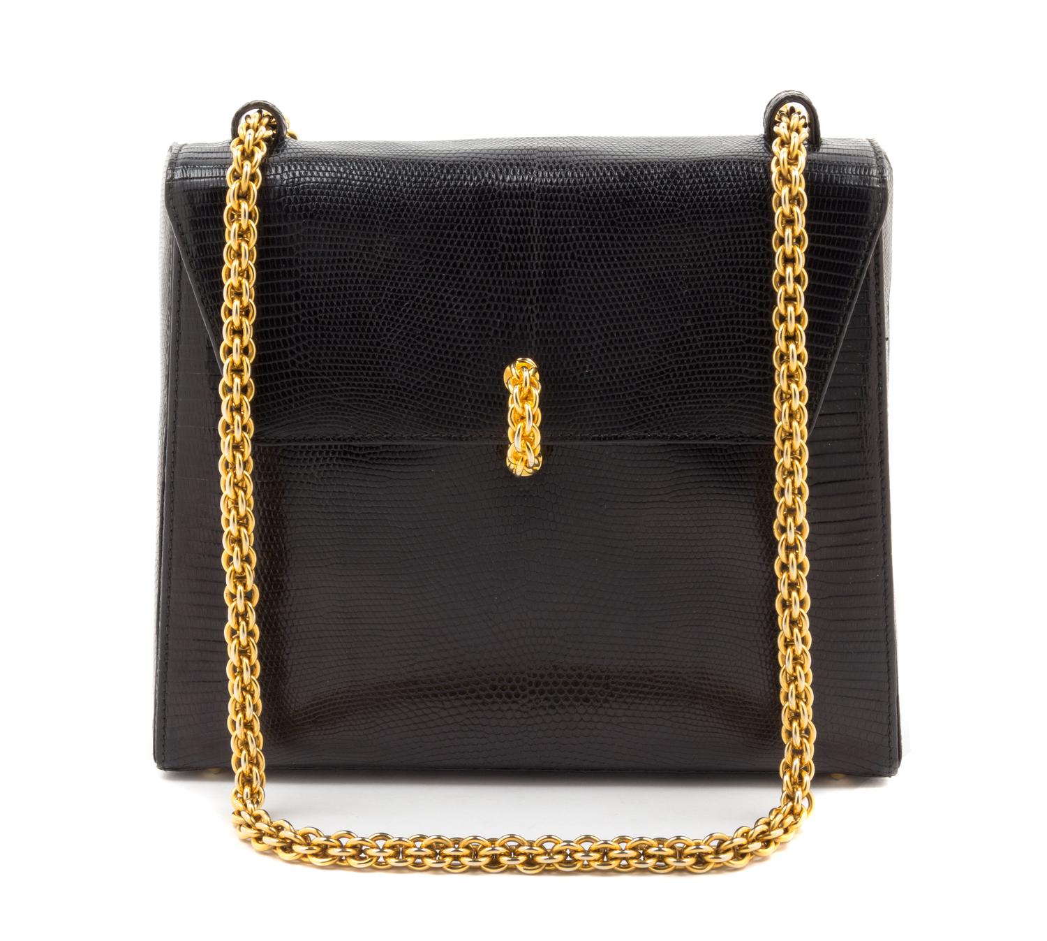 A Paloma Picasso Black Skin Handbag, 10" x 9" x 2.5".