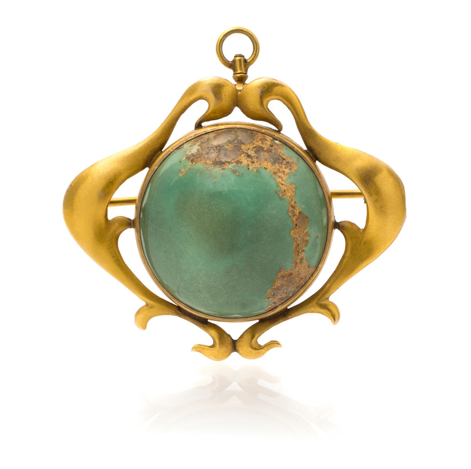 An Art Nouveau Yellow Gold and Turquoise Brooch, 7.50 dwts.