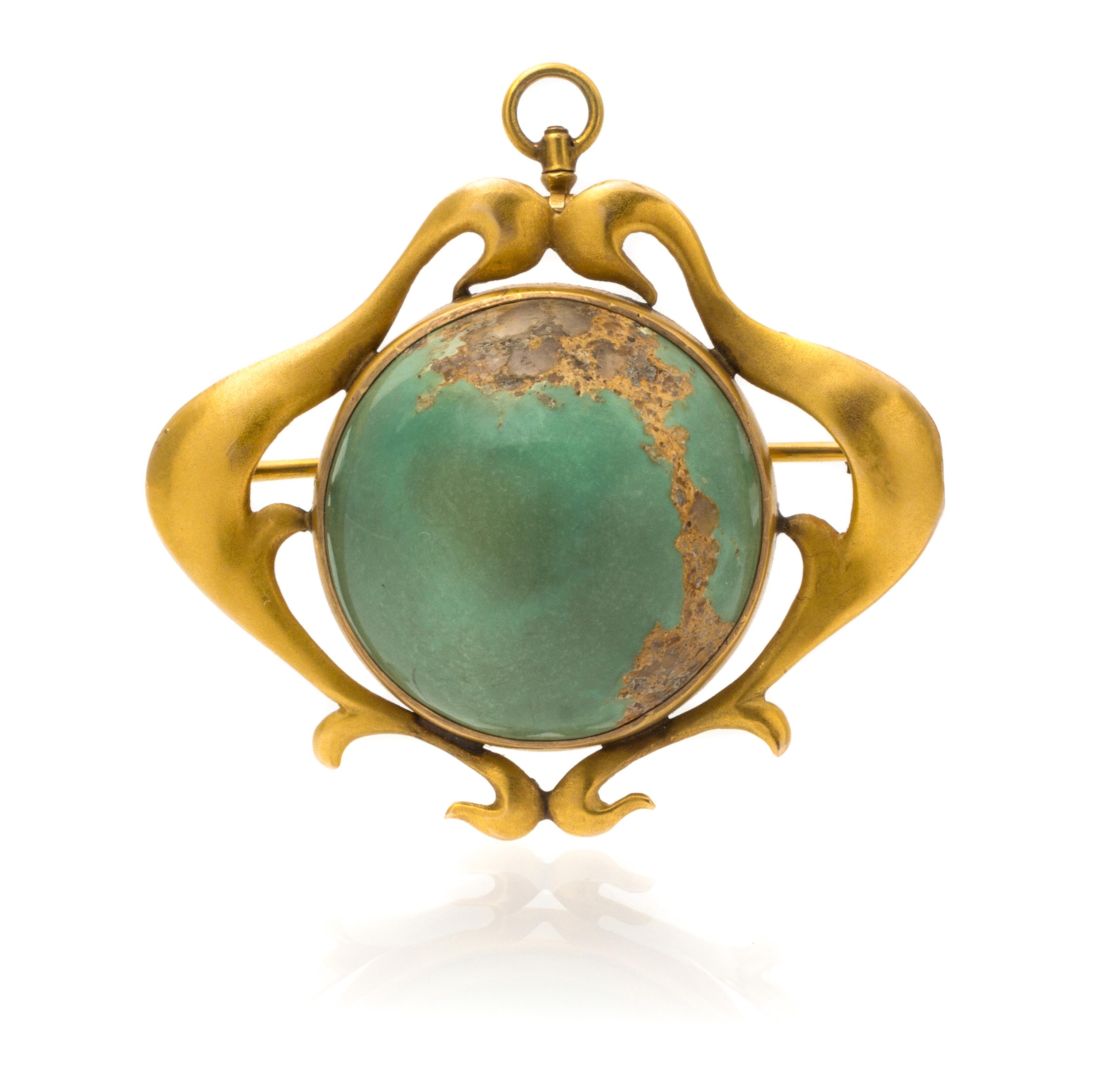 An Art Nouveau Yellow Gold and Turquoise Brooch, 7.50 dwts.
