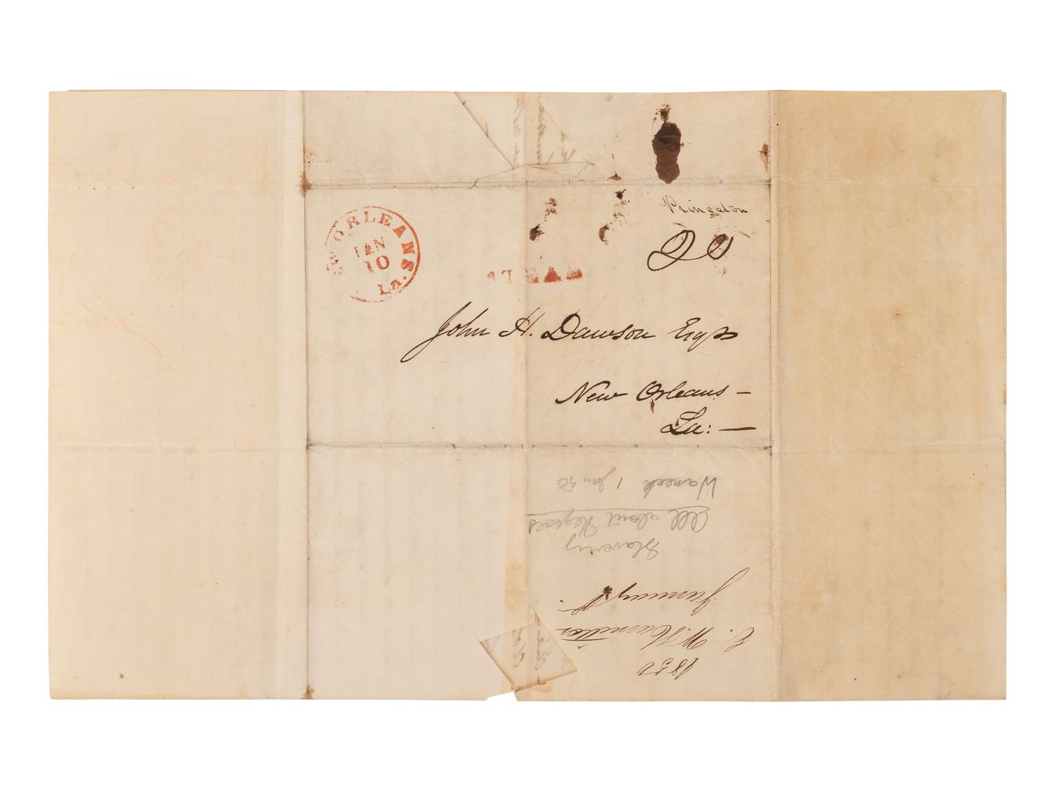 [ENSLAVEMENT]. Pair of letters lamenting the possible sale of a 35-year-old slave named Pompey. 1850.