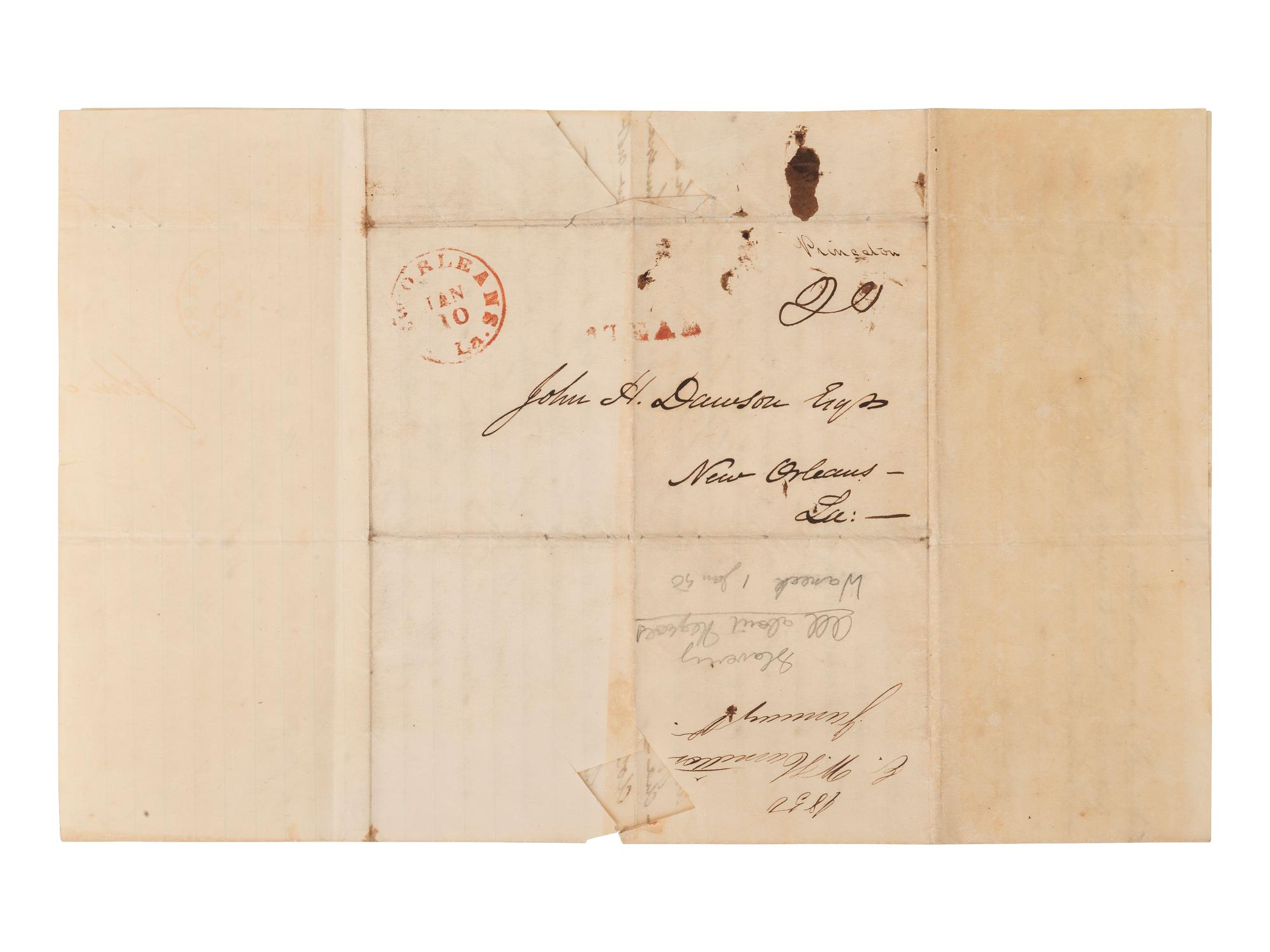 [ENSLAVEMENT]. Pair of letters lamenting the possible sale of a 35-year-old slave named Pompey. 1850.