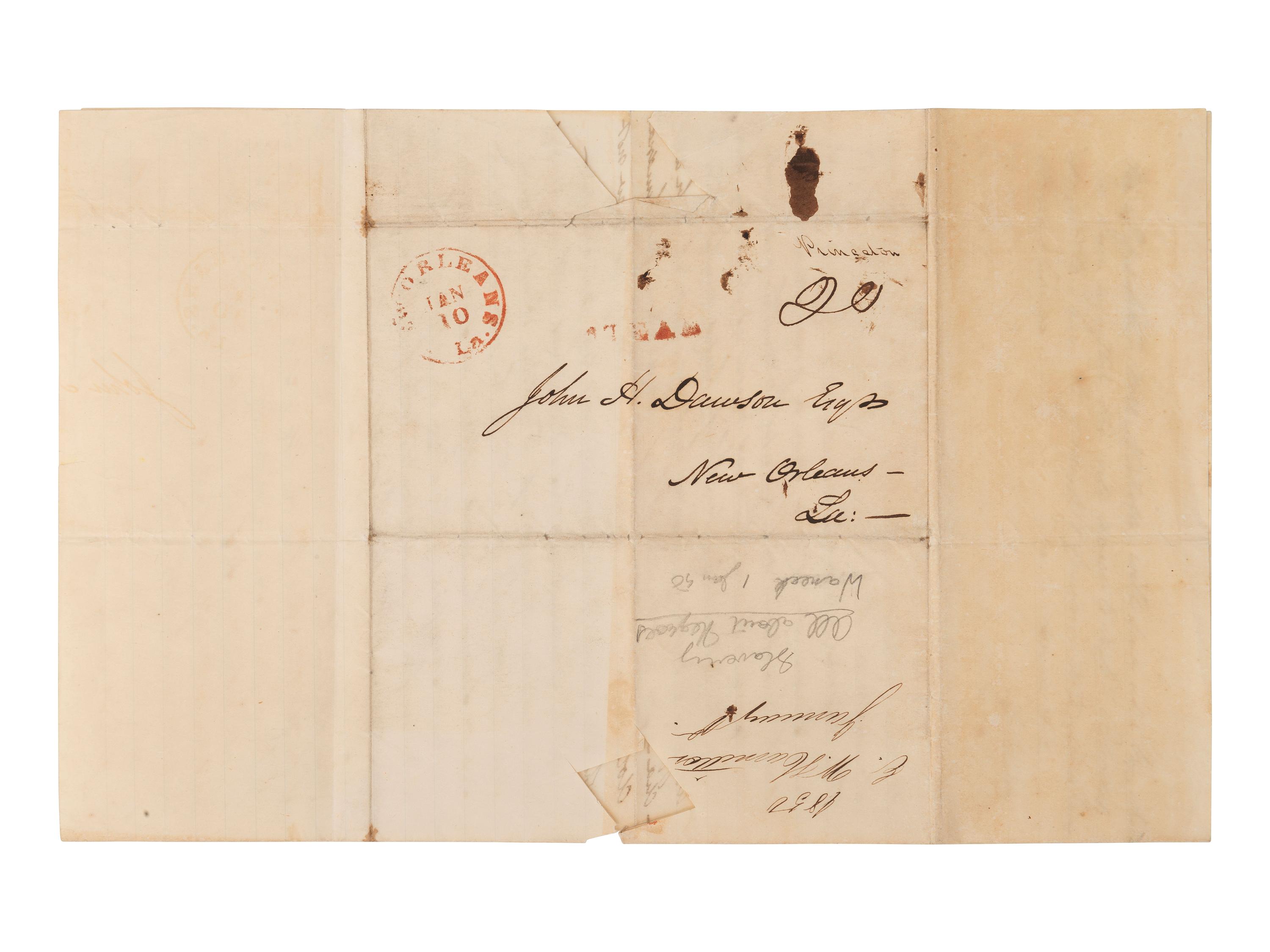 [ENSLAVEMENT]. Pair of letters lamenting the possible sale of a 35-year-old slave named Pompey. 1850.
