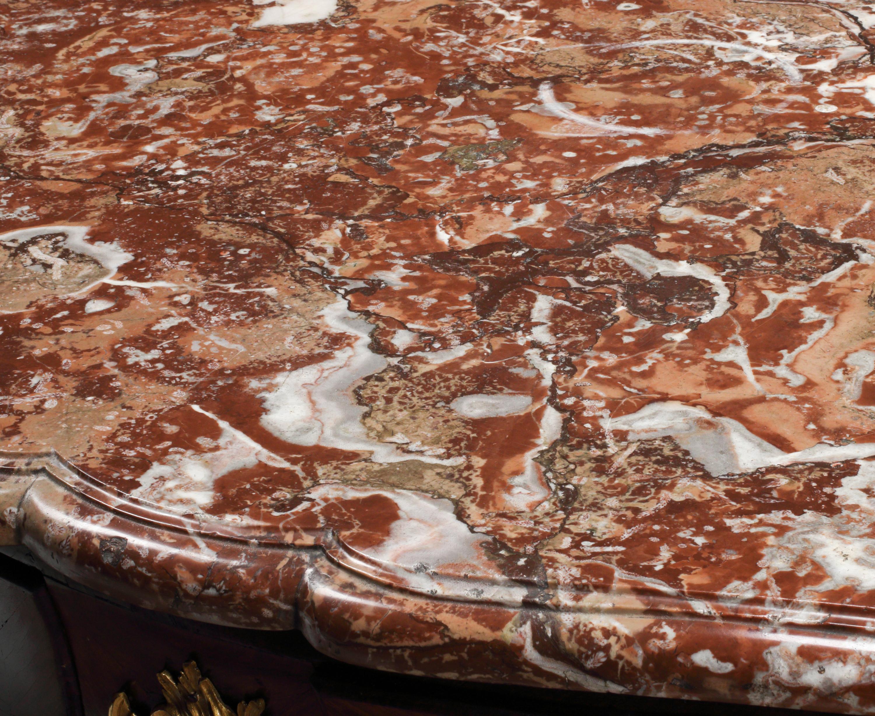 A Louis XV Gilt Bronze Mounted Marquetry Marble-Top Commode
