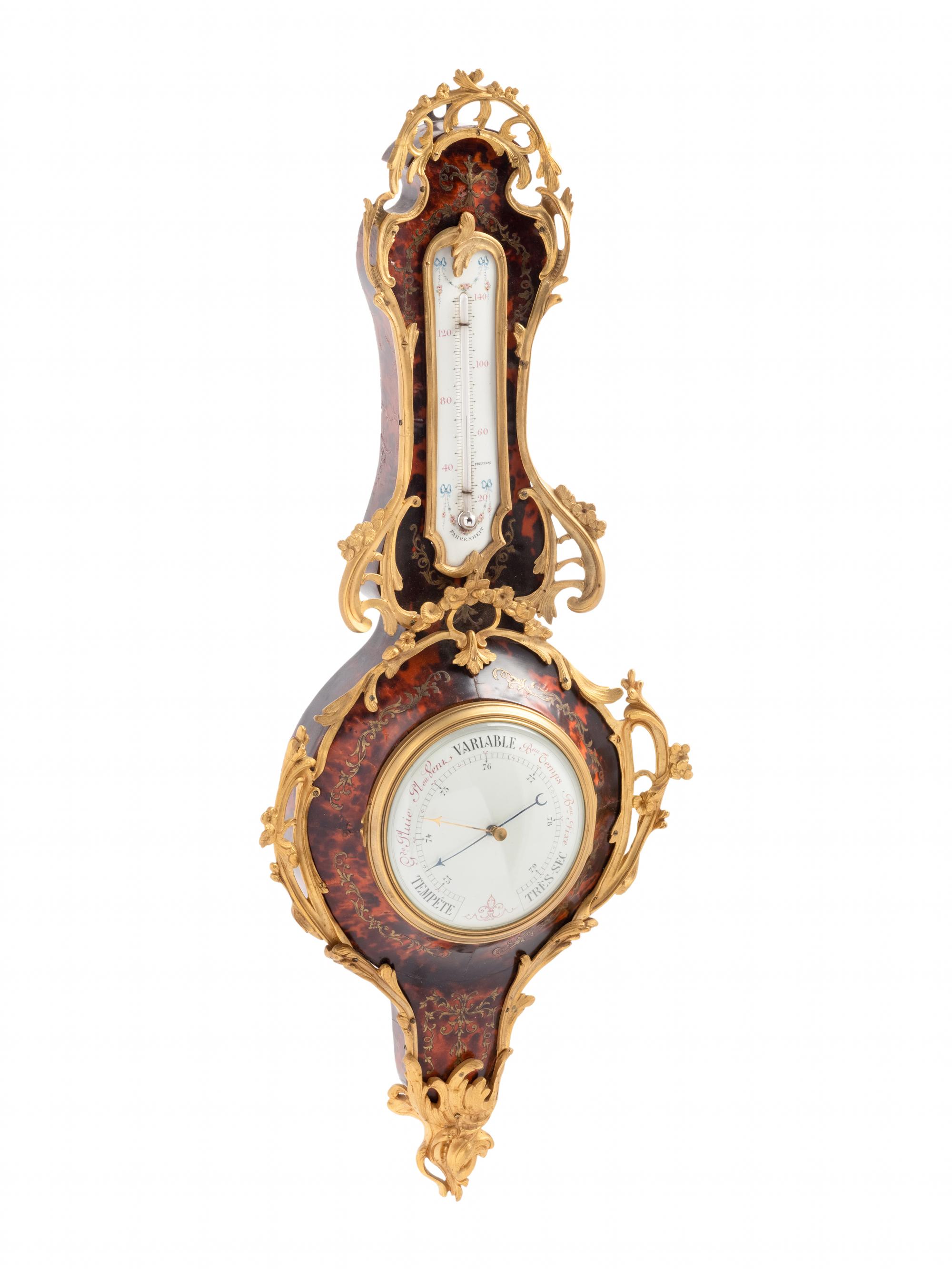 A Louis XV Style Gilt Bronze Mounted Boulle Marquetry Barometer and Thermometer