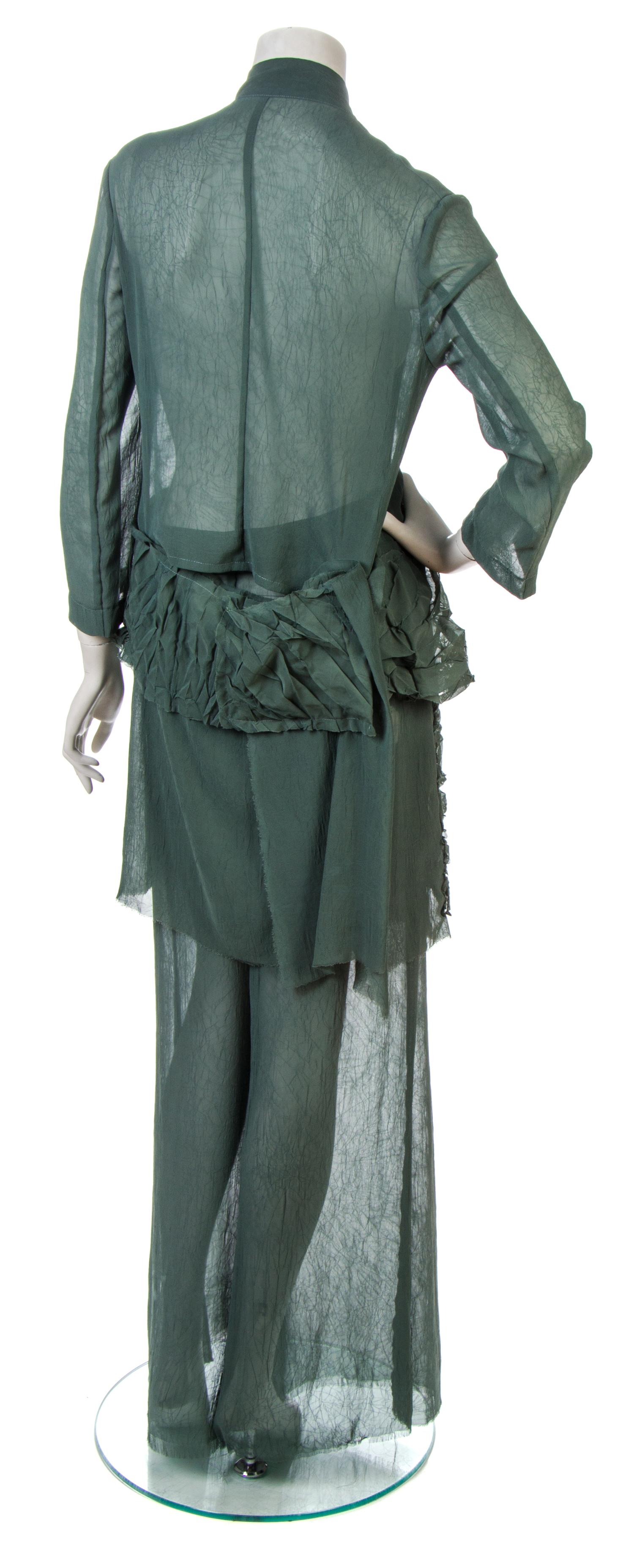 A Yohji Yamamoto Green Sheer Chiffon Runway Pant Ensemble, Size 2.