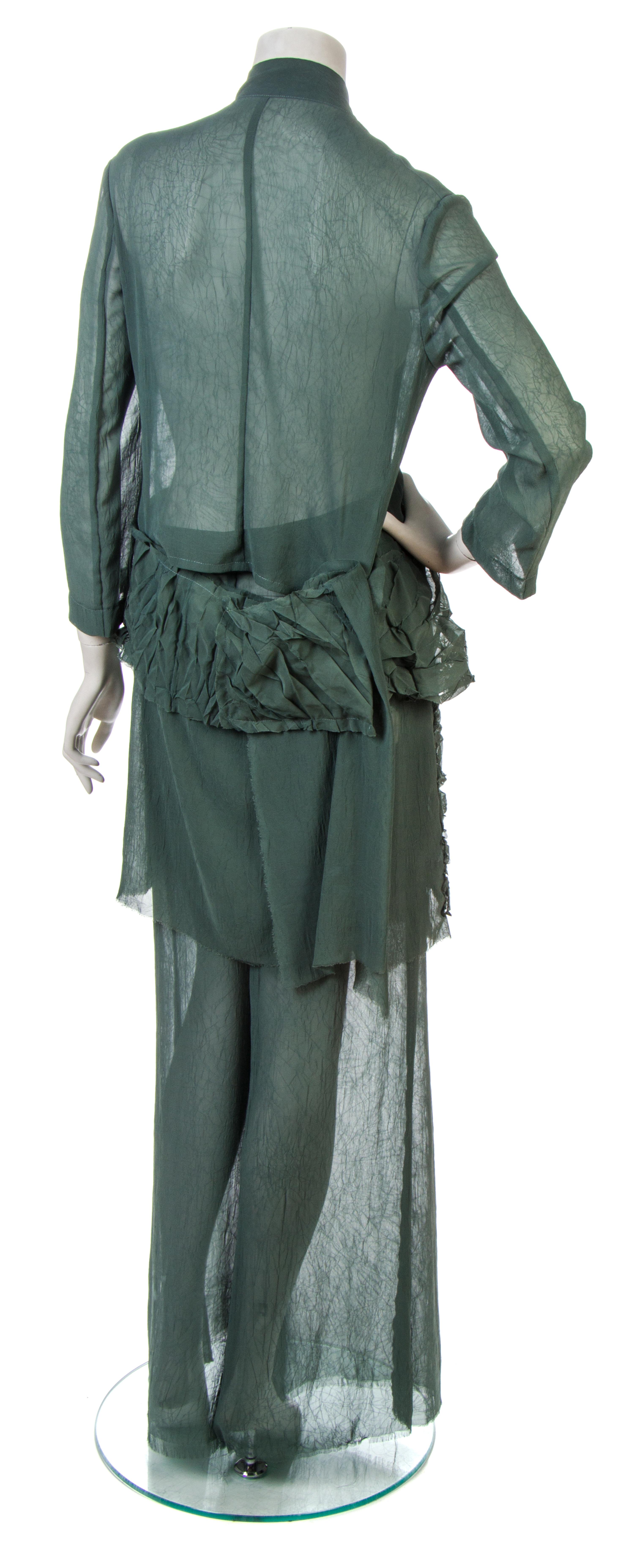 A Yohji Yamamoto Green Sheer Chiffon Runway Pant Ensemble, Size 2.