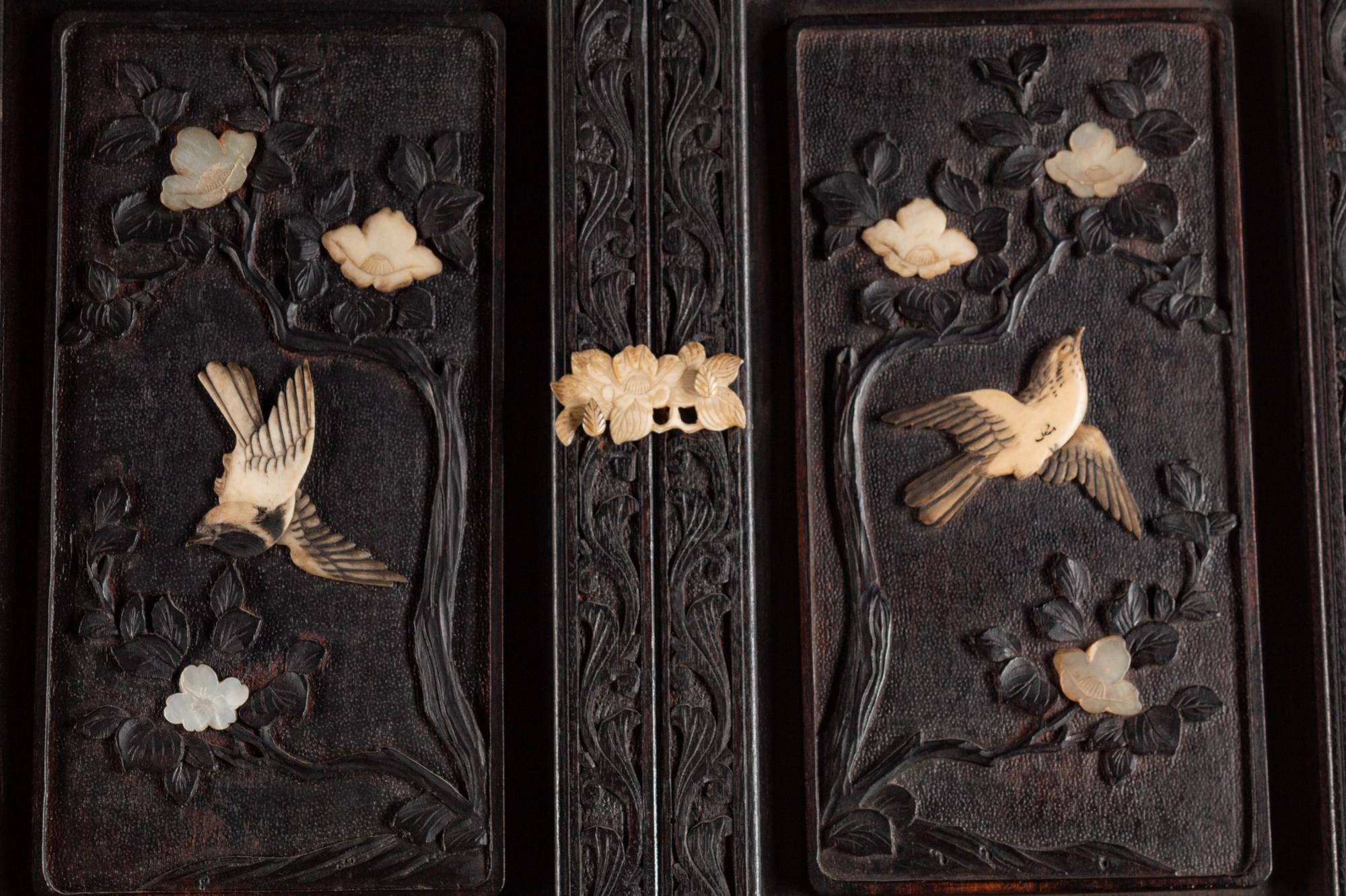 A Japanese Bone-Mounted Pierce-Carved Hardwood Cabinet on Stand — 19TH CENTURY