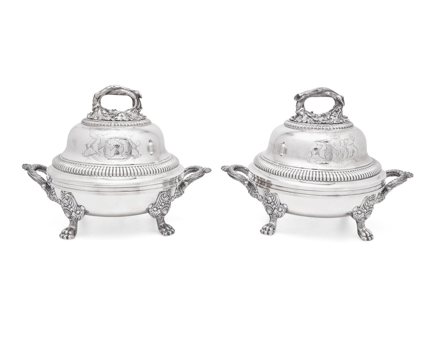 A Pair of George IV Silver Domed Lids on Silver-Plated Tureens