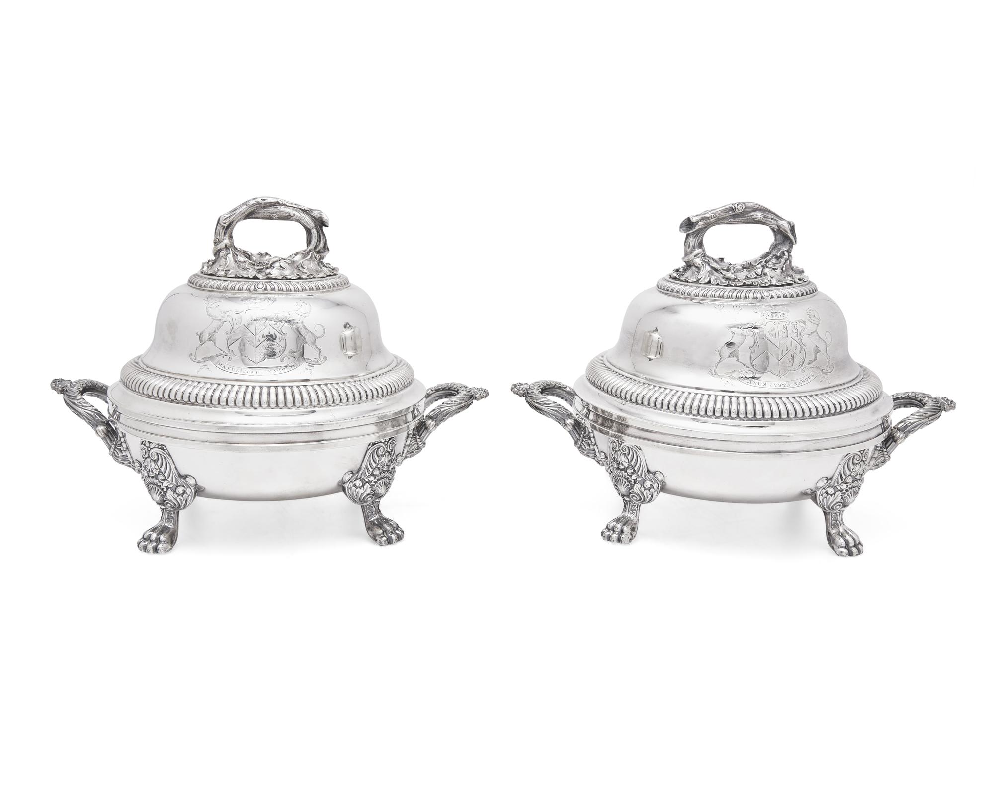 A Pair of George IV Silver Domed Lids on Silver-Plated Tureens