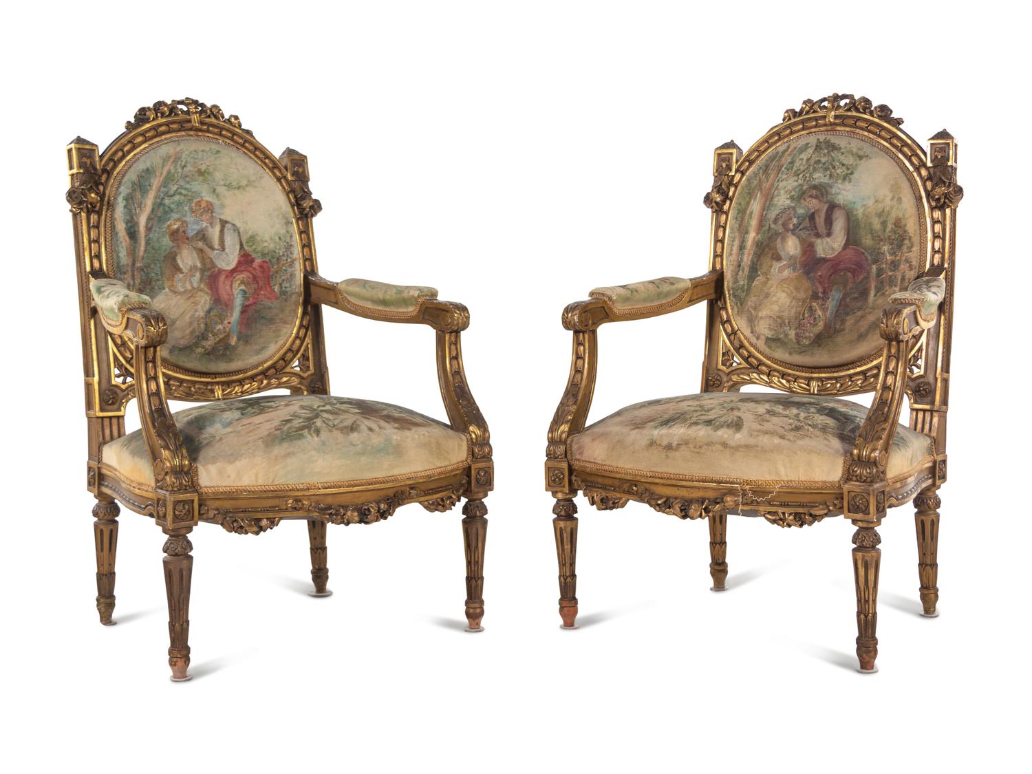 A Louis XVI Style Giltwood Seven-Piece Salon Suite