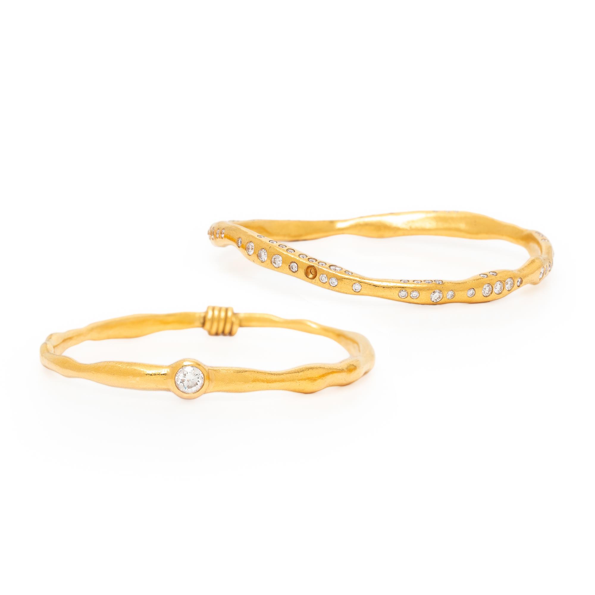 Two Diamond and Yellow Gold Bangle Bracelets