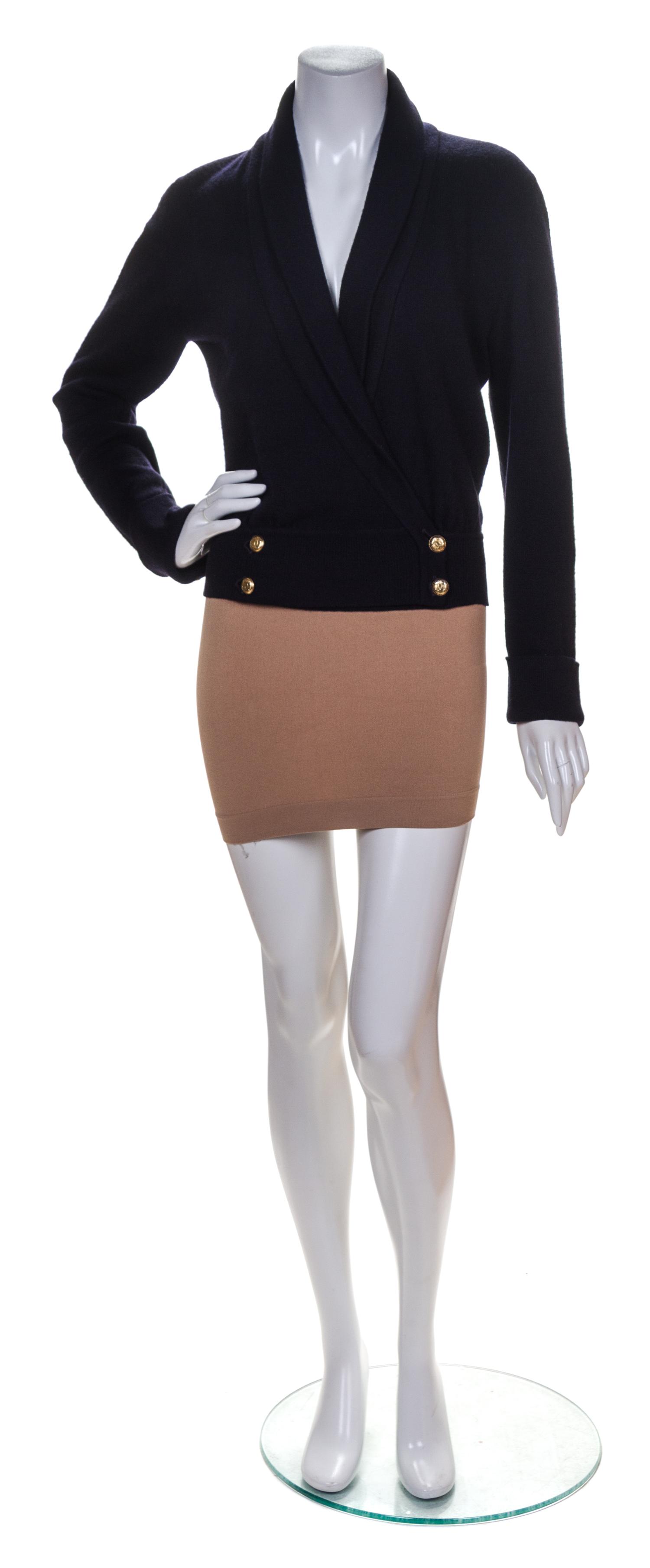 A Chanel Navy Cashmere Shawl Neck Sweater,