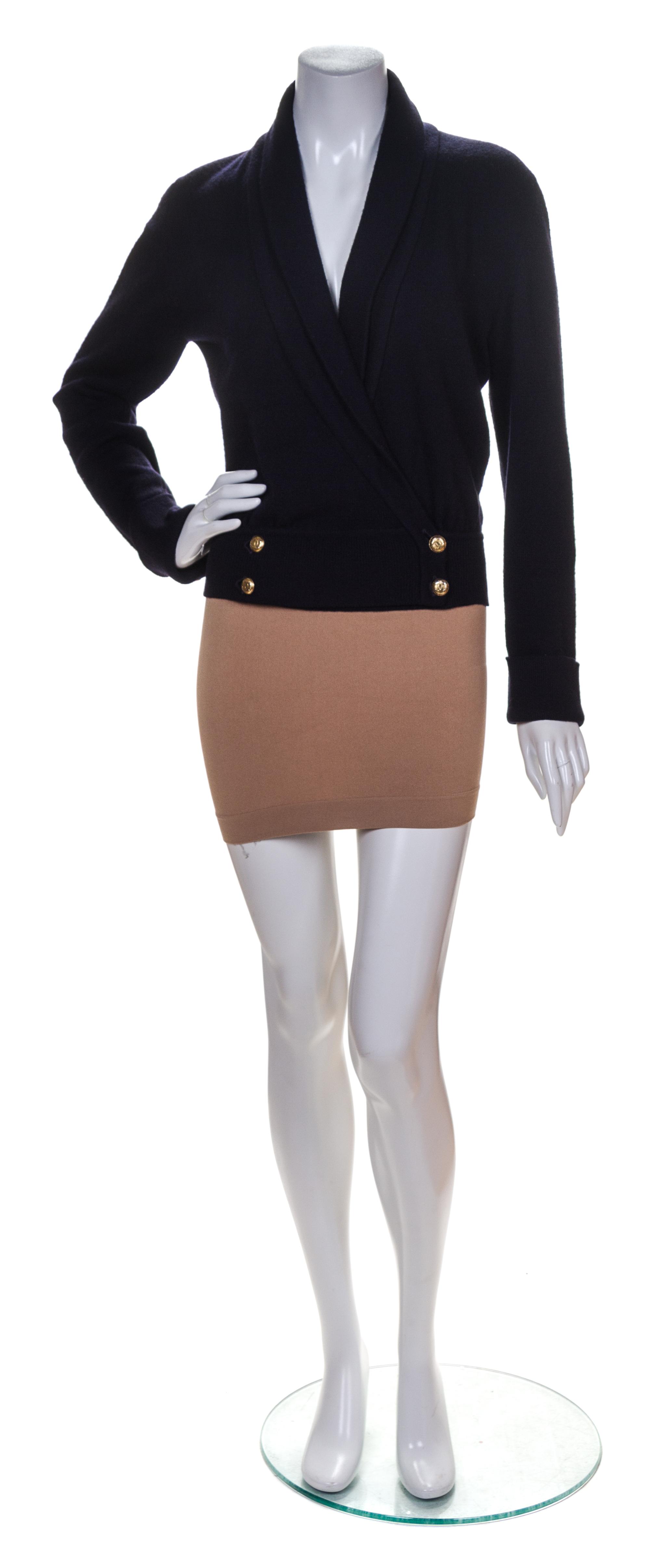 A Chanel Navy Cashmere Shawl Neck Sweater,