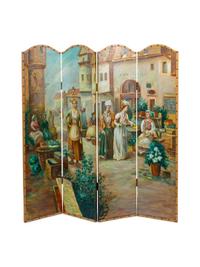 A Four Panel French Painted Screen 20TH CENTURY depicting woman in a courtyard.