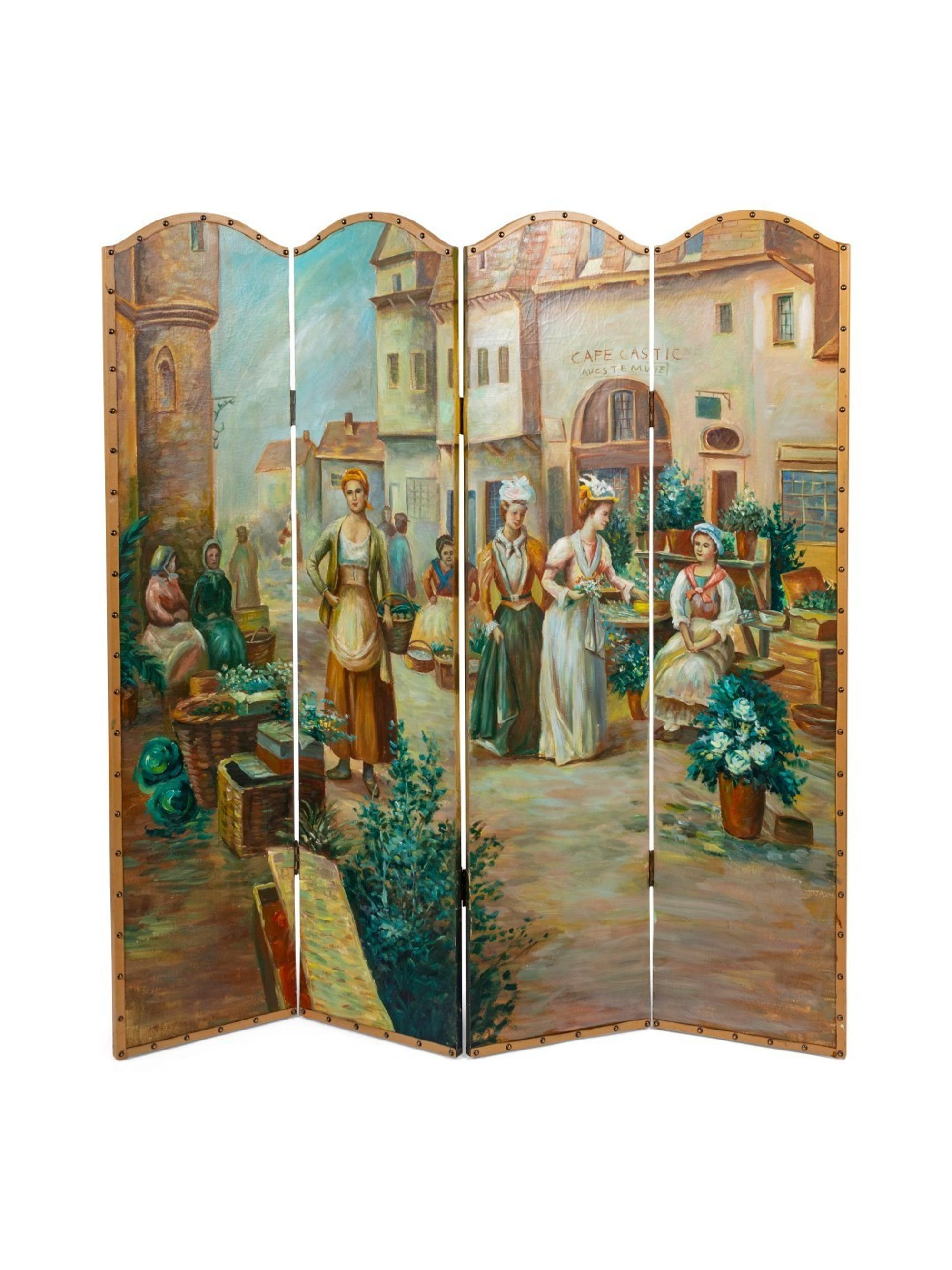 A Four Panel French Painted Screen 20TH CENTURY depicting woman in a courtyard.