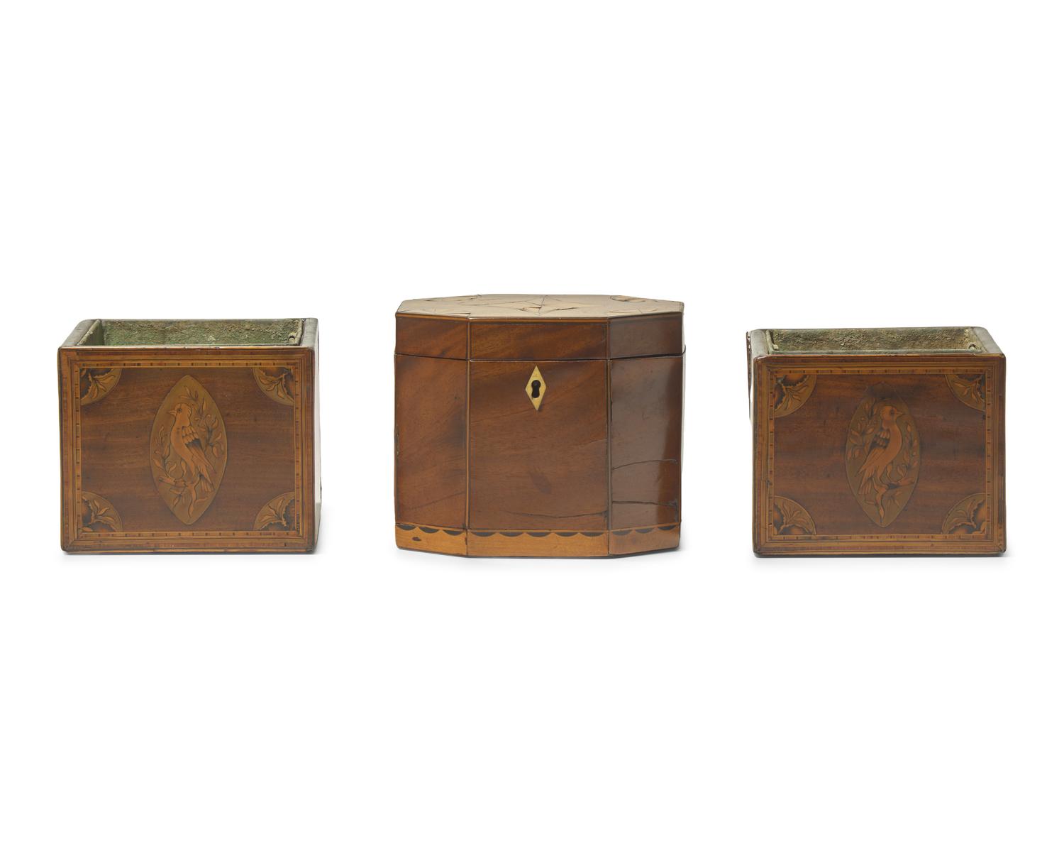 A Pair of George III Inlaid Mahogany Cache Pots and a Tea Caddy, Circa 1800