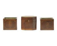 A Pair of George III Inlaid Mahogany Cache Pots and a Tea Caddy, Circa 1800