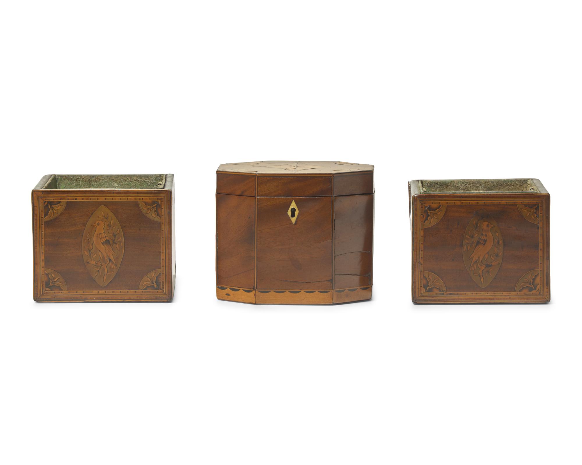 A Pair of George III Inlaid Mahogany Cache Pots and a Tea Caddy, Circa 1800