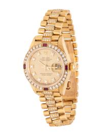 ROLEX, REF. 69068 18K YELLOW GOLD, DIAMOND, AND RUBY 'LADY DATEJUST' WATCH WITH DIAMOND PRESIDENT BRACELET
