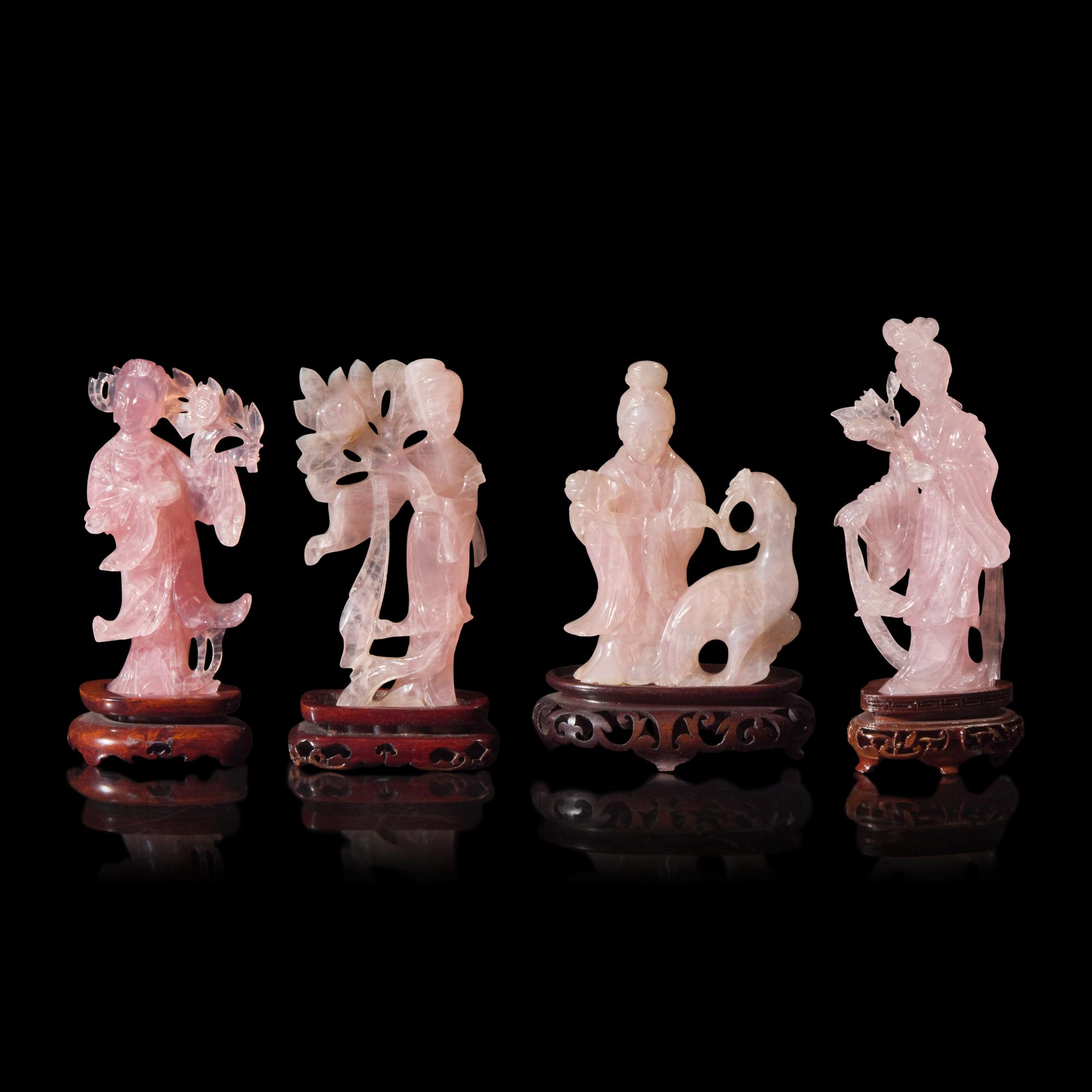Four Chinese Rose Quartz Figures of Female Immortals, 20th Century — 近代 粉晶仕女擺件一組四件