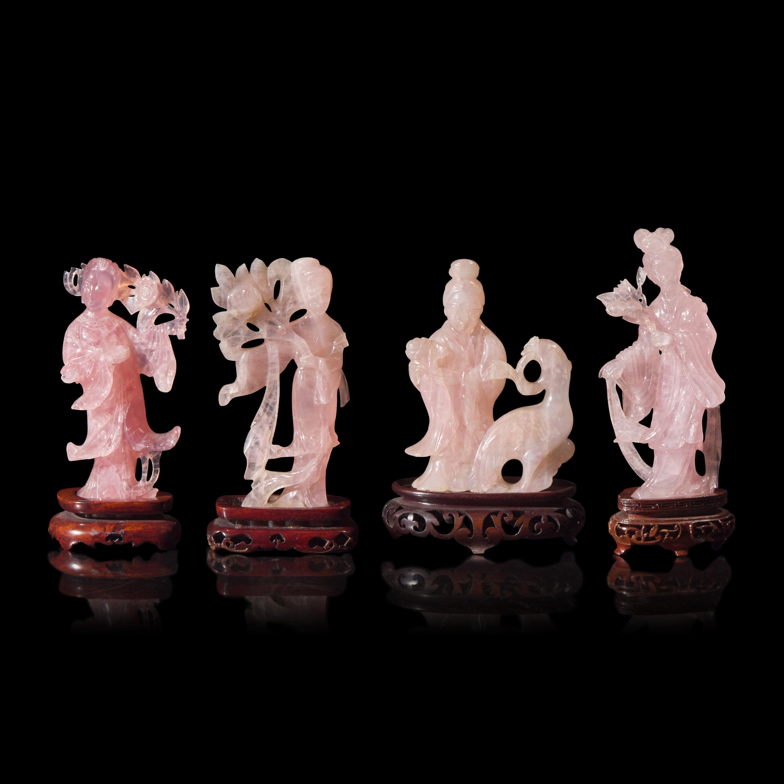 Four Chinese Rose Quartz Figures of Female Immortals, 20th Century — 近代 粉晶仕女擺件一組四件