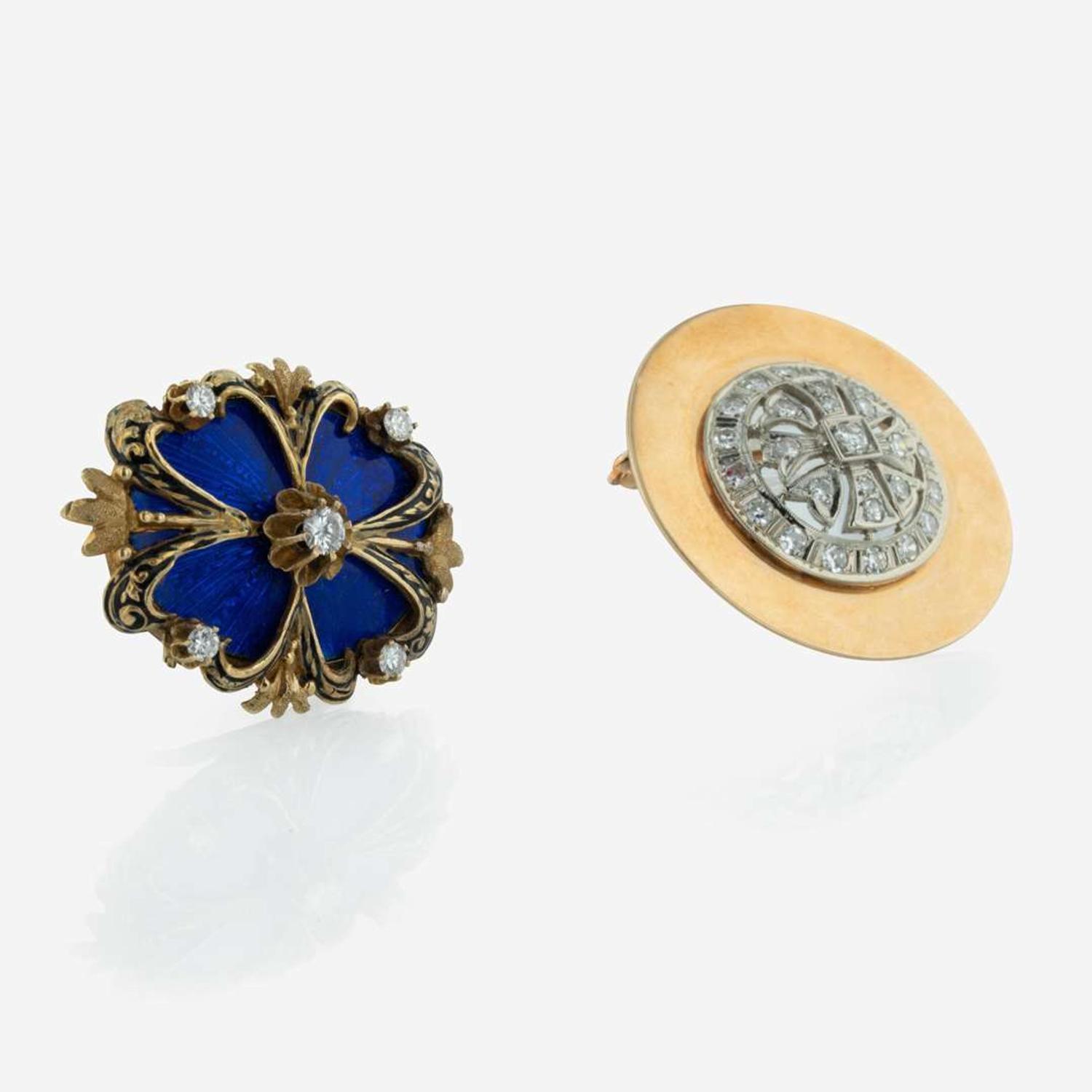 A Collection of Two 14K Yellow Gold, Enamel, and Diamond Brooches