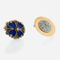 A Collection of Two 14K Yellow Gold, Enamel, and Diamond Brooches