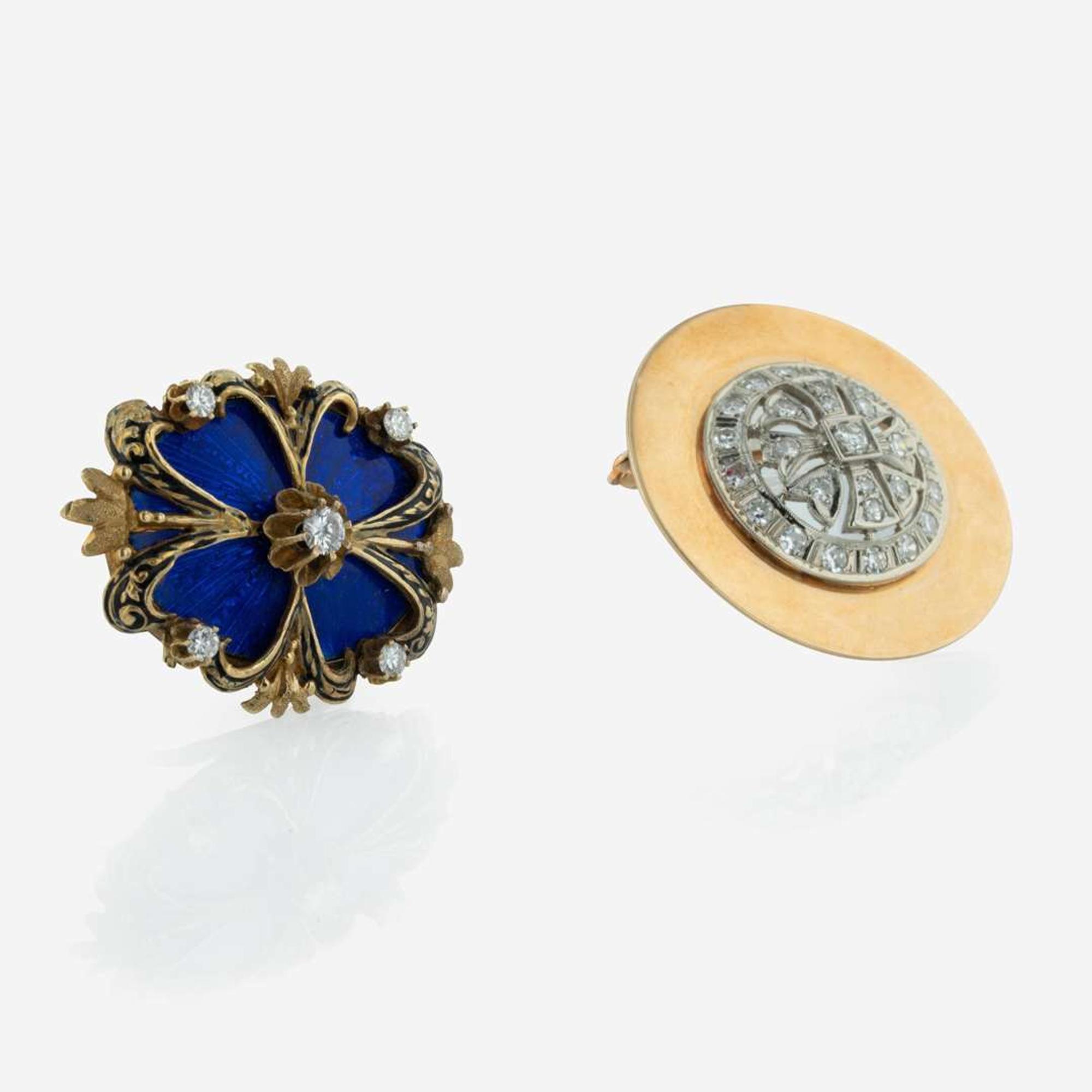 A Collection of Two 14K Yellow Gold, Enamel, and Diamond Brooches