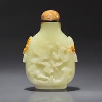 A Chinese Carved Jade Snuff Bottle, Qing Dynasty, Circa 1750-1850 — 1750-1850年 黃玉留皮巧雕加官進爵圖鼻煙壺