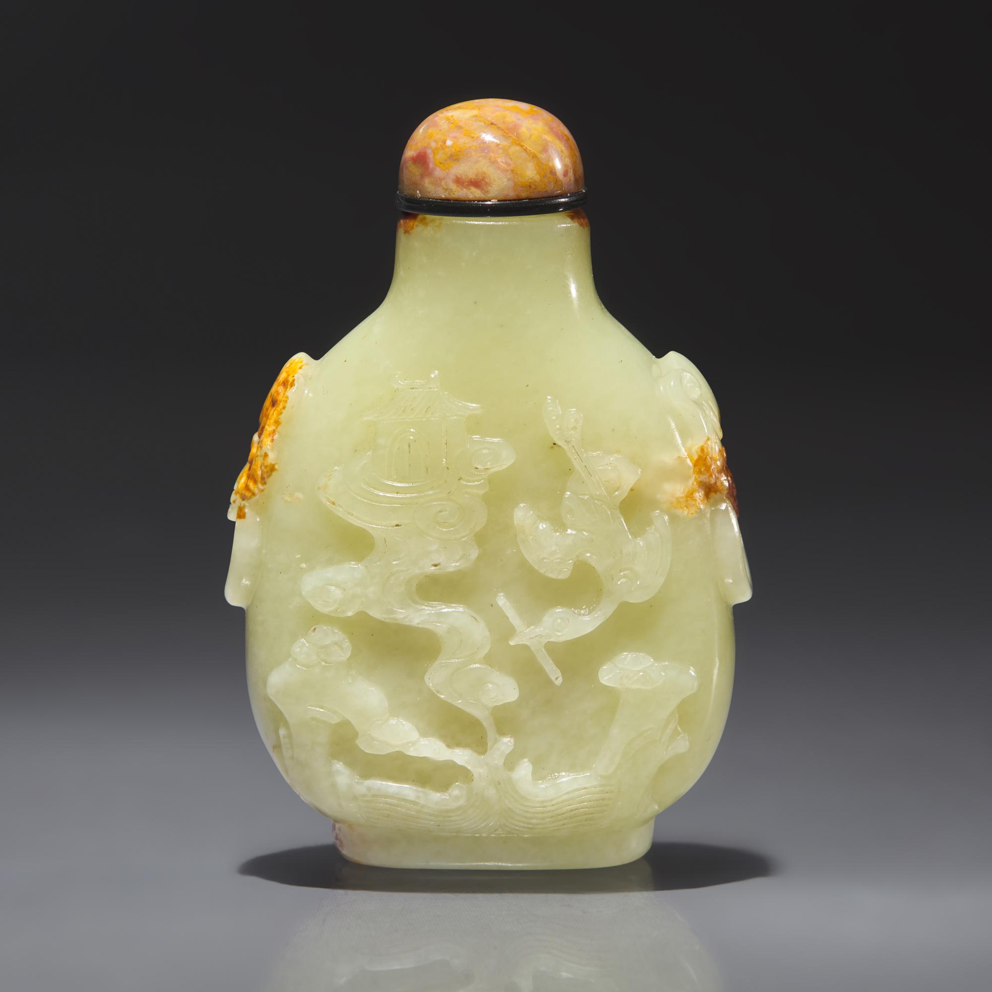 A Chinese Carved Jade Snuff Bottle, Qing Dynasty, Circa 1750-1850 — 1750-1850年 黃玉留皮巧雕加官進爵圖鼻煙壺