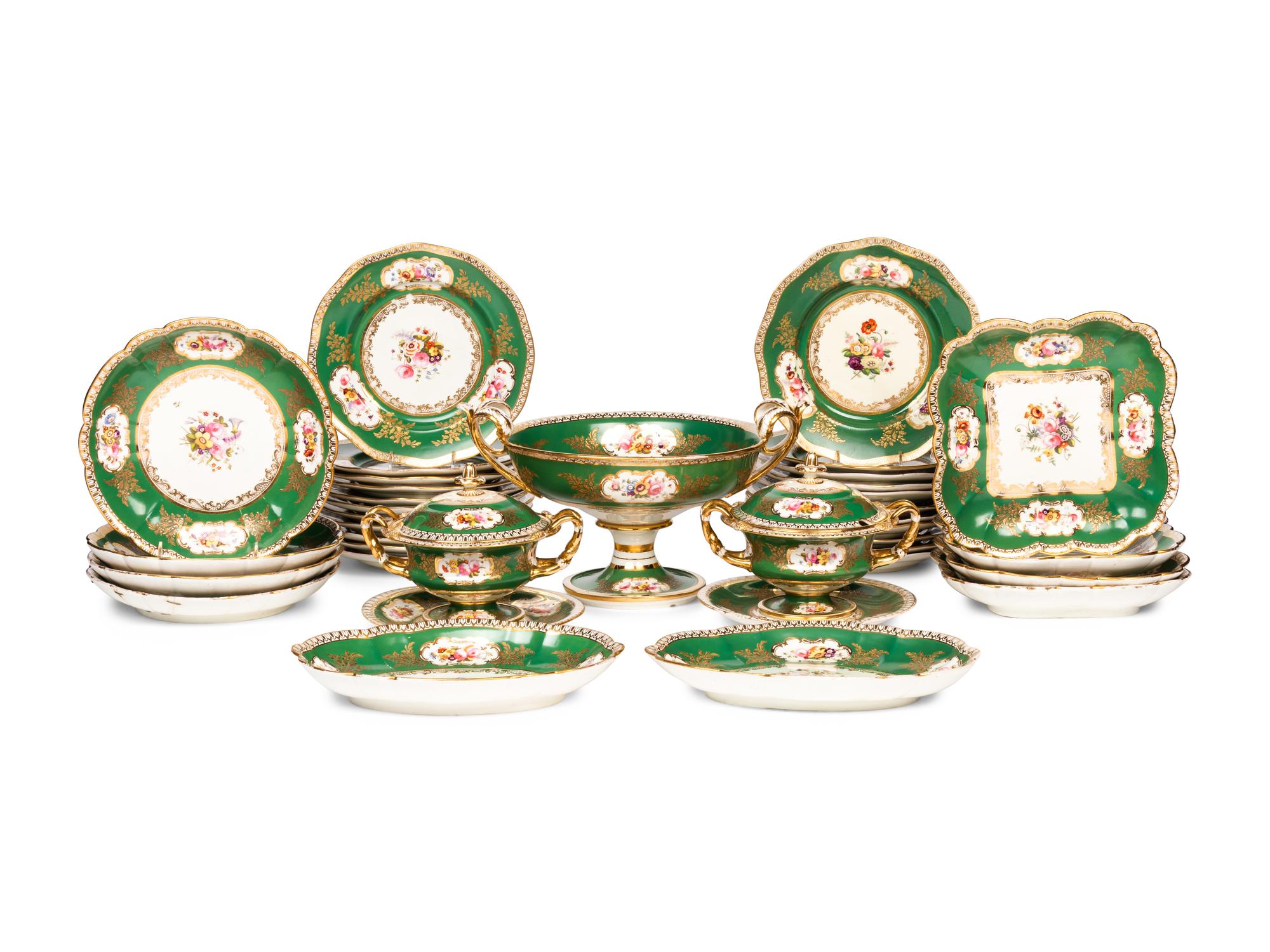 A Coalport Green-Ground Floral Porcelain Dessert Service