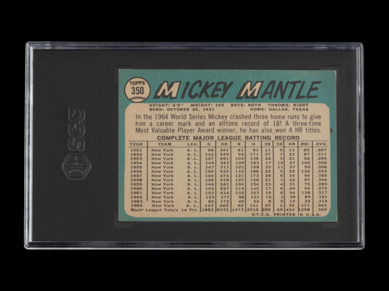 A 1965 Topps Mickey Mantle Baseball Card No. 350 (SGC 3 VG)