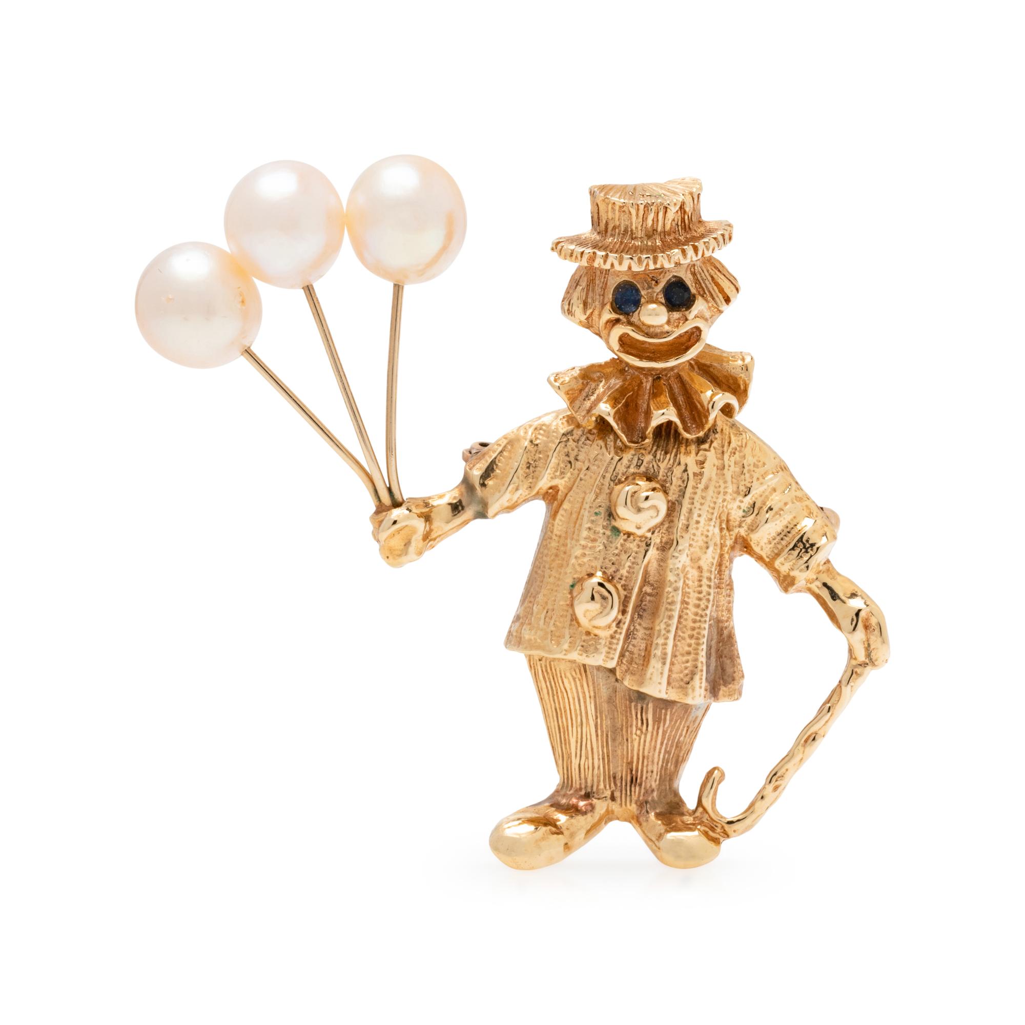 YELLOW GOLD AND CULTURED PEARL CLOWN BROOCH