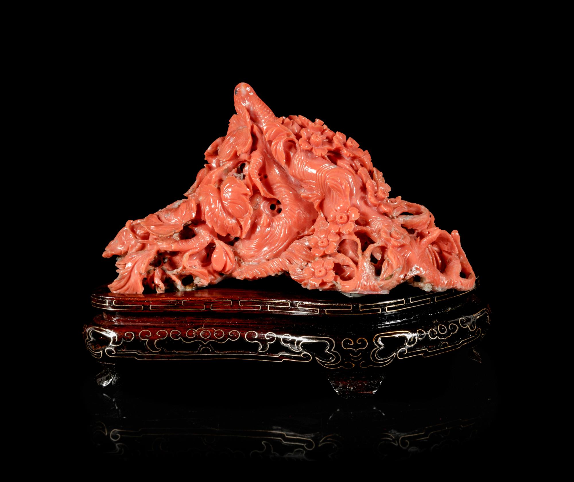 A Red Coral 'Magpie' Carving