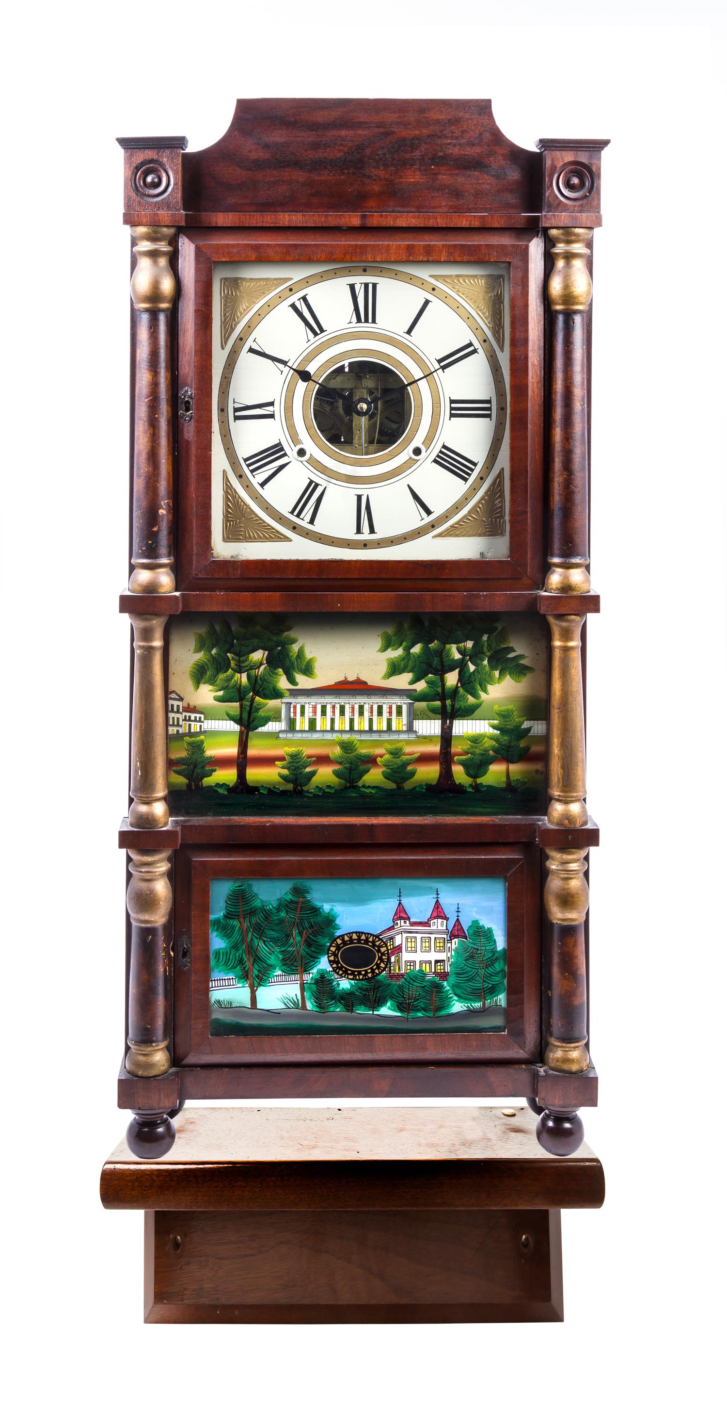 A Federal Mahogany and Eglomise Mantle Clock 19TH CENTURY Height 38 inches. — 19TH CENTURY