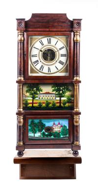 A Federal Mahogany and Eglomise Mantle Clock 19TH CENTURY Height 38 inches. — 19TH CENTURY