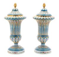 A Pair of Sevres Style Porcelain Polychrome and Gilt Decorated Covered Urns Height 14 3/4 inches — 19TH CENTURY