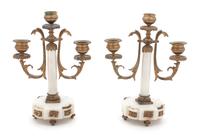 A Pair of French Empire Style Alabaster and Gilt Bronze Three-Light Candelabra Height 9 1/2 inches.