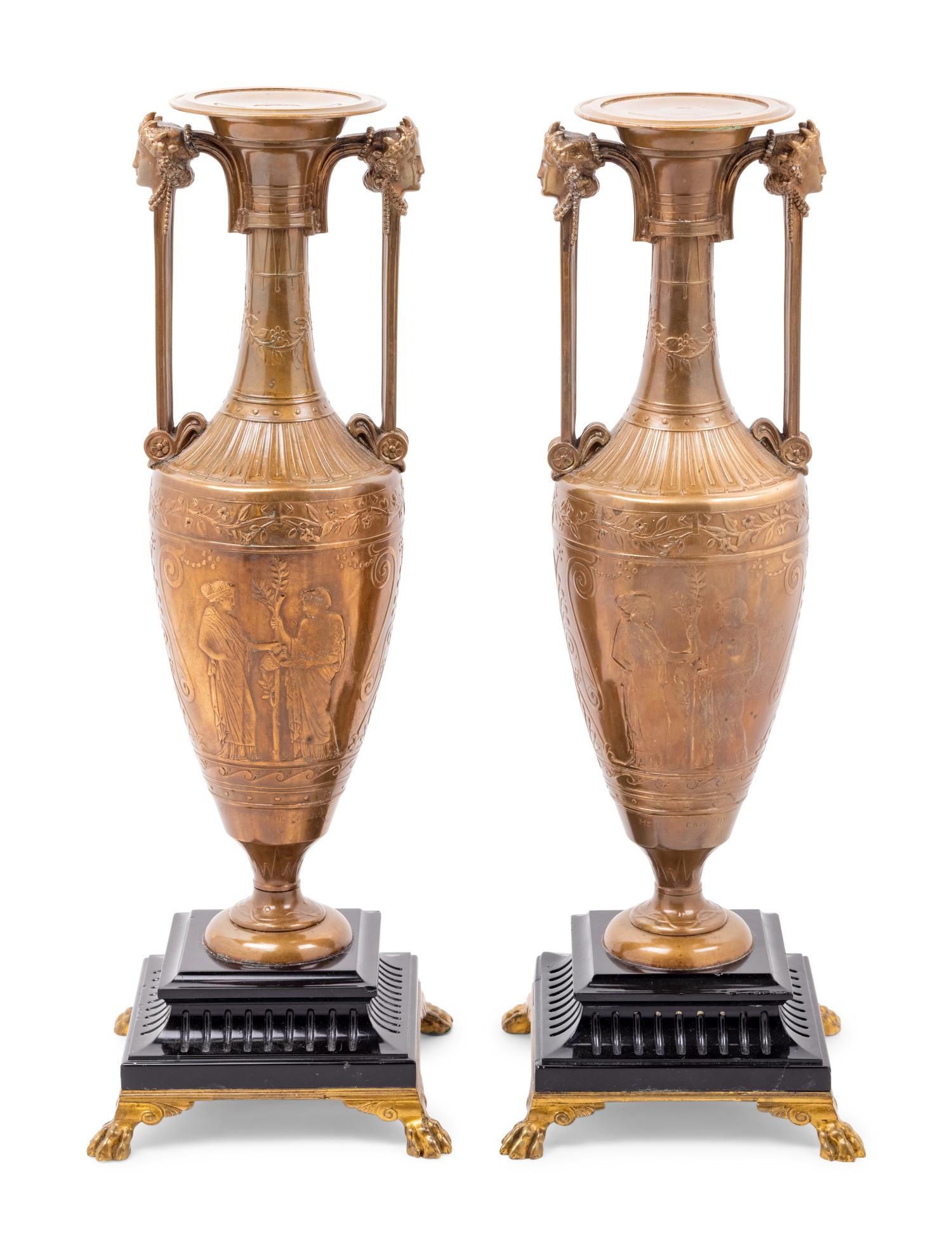 A Pair of French Neoclassical Gilt Bronze Urns by Henry Cahieux (French, 1825-1854)